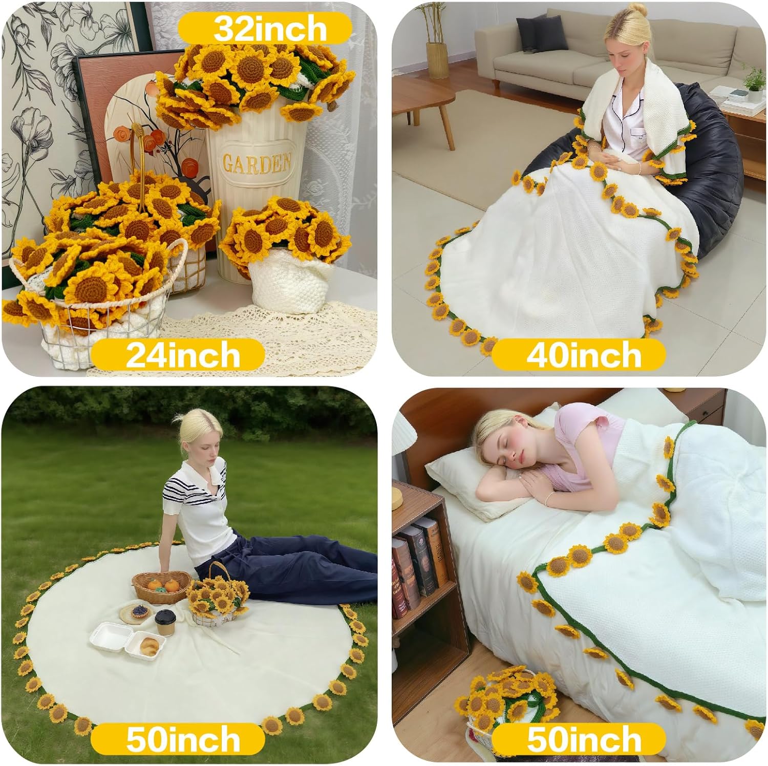 Crochet Sunflower Bouquet Blanket, Handmade Flower Blankets, 32 Inch Round Floral Knitted Gifts for Mother's Day, Grandma Birthday, Teacher, Friend, Home Decor, Sofa（Finished Product） - Image 4