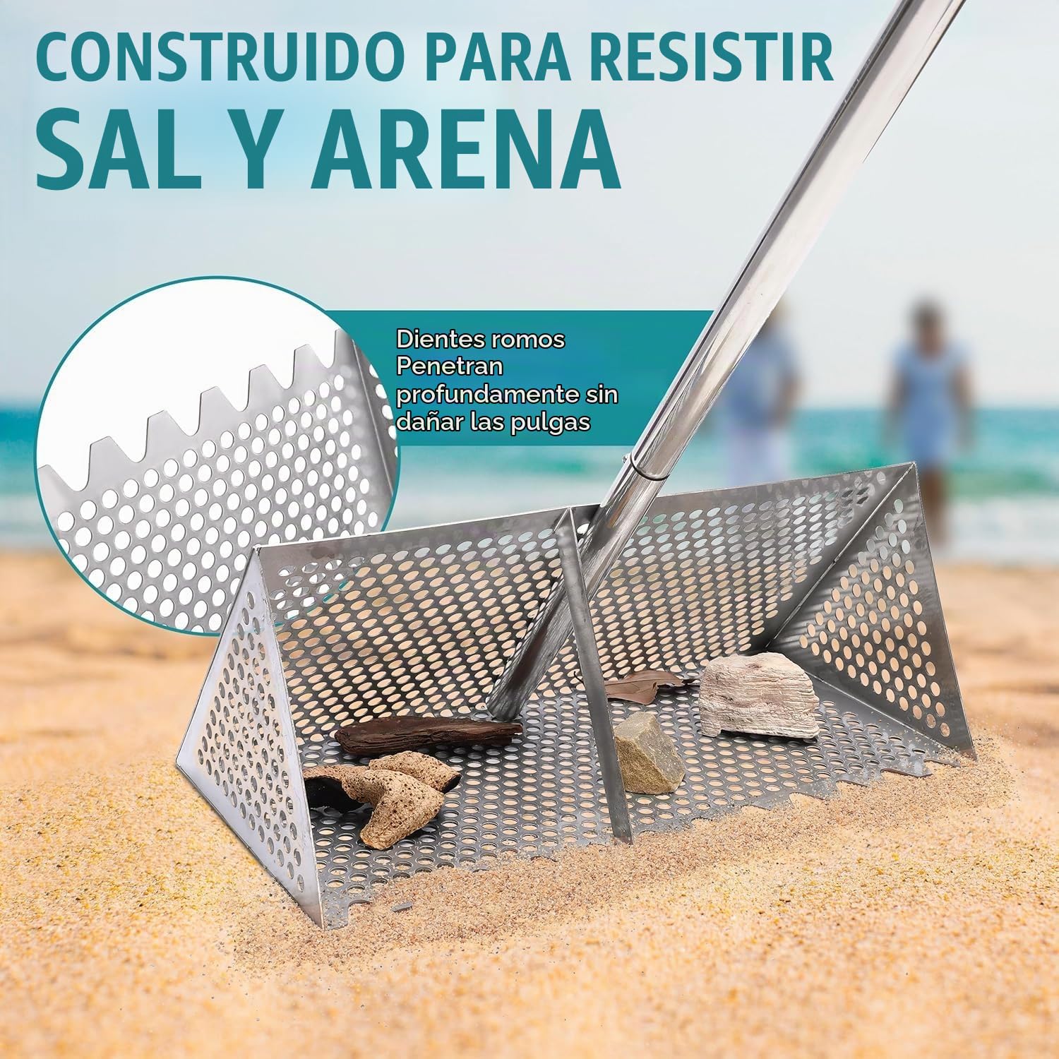 Rastrillo para pulgas de arena, rastrillo de tesoro de playa de acero inoxidable, tamiz de arena de acero inoxidable de 16 pulgadas de ancho para dientes de tiburón, conchas y cangrejos de