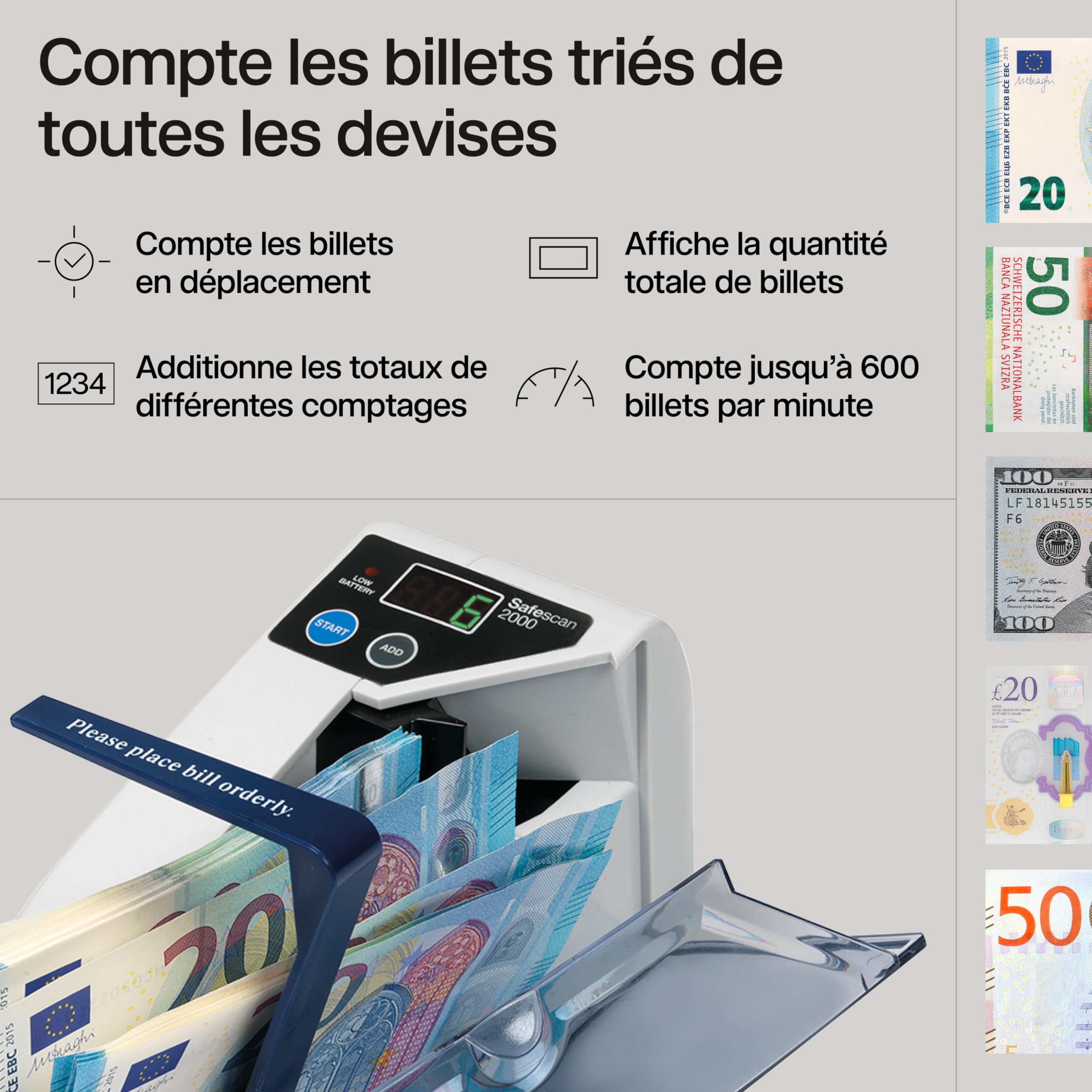 Safescan 2000 compteuse de billets portable qui compte les billets triés - Compteur de billets d'argent liquide pour les déplacements - Machine à compter les billets triés de toutes les devises