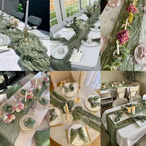 Miniatura 6 de TuTive Camino de mesa de estopilla verde salvia de 13.3 pies de largo para otoño, Acción de Gracias, bohemio, rústico, gasa, boda, comedor,