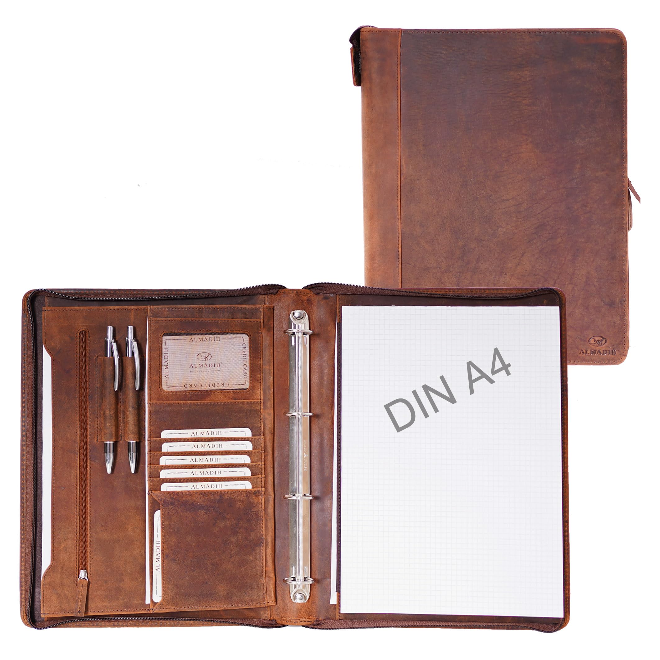 ALMADIH A4 Document Folder Genuine Leather with Writing Pad BV Leather Folder Ring Binder Folder Folder Writing Case Organiser Appointment Calendar Conference Folder (Brown Vintage)