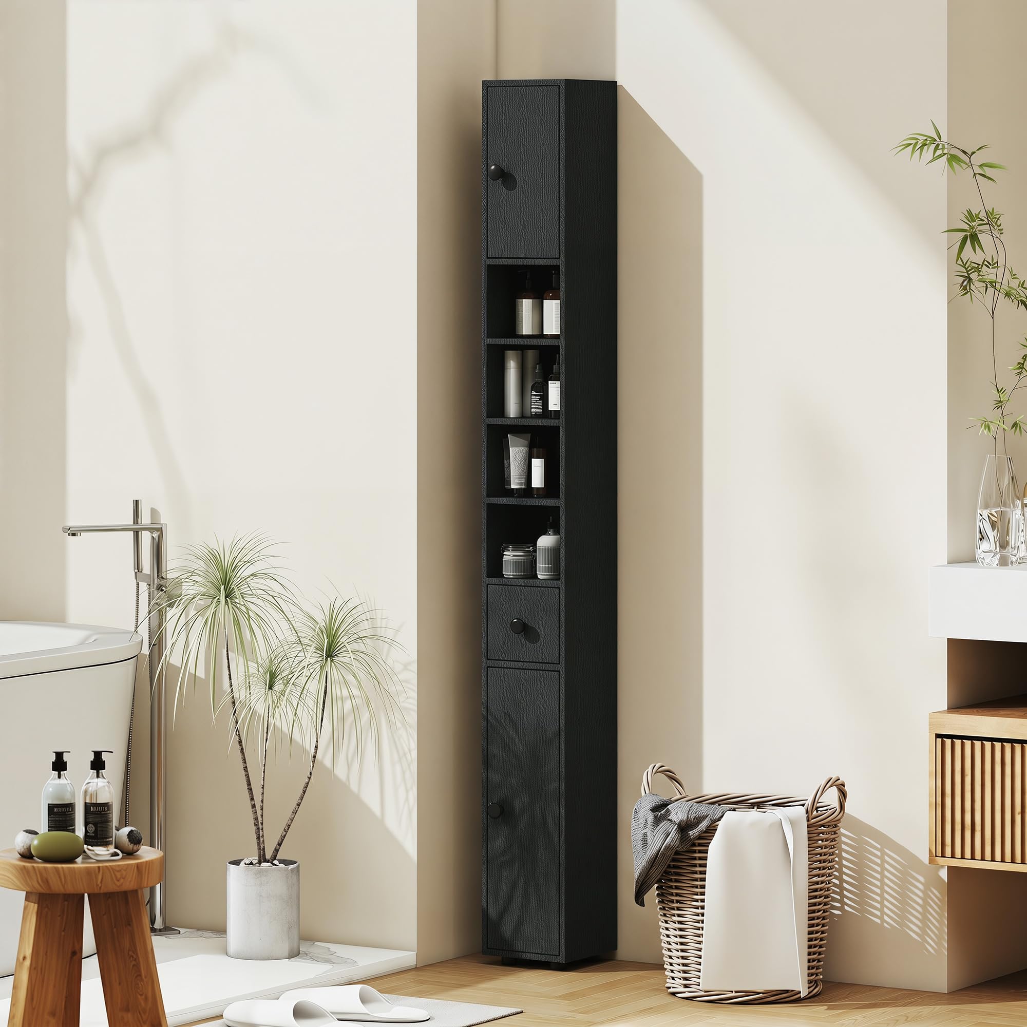 kleankin Badezimmerschrank schmal für kleine Räume 20 x 20 x 180 cm Schwarz