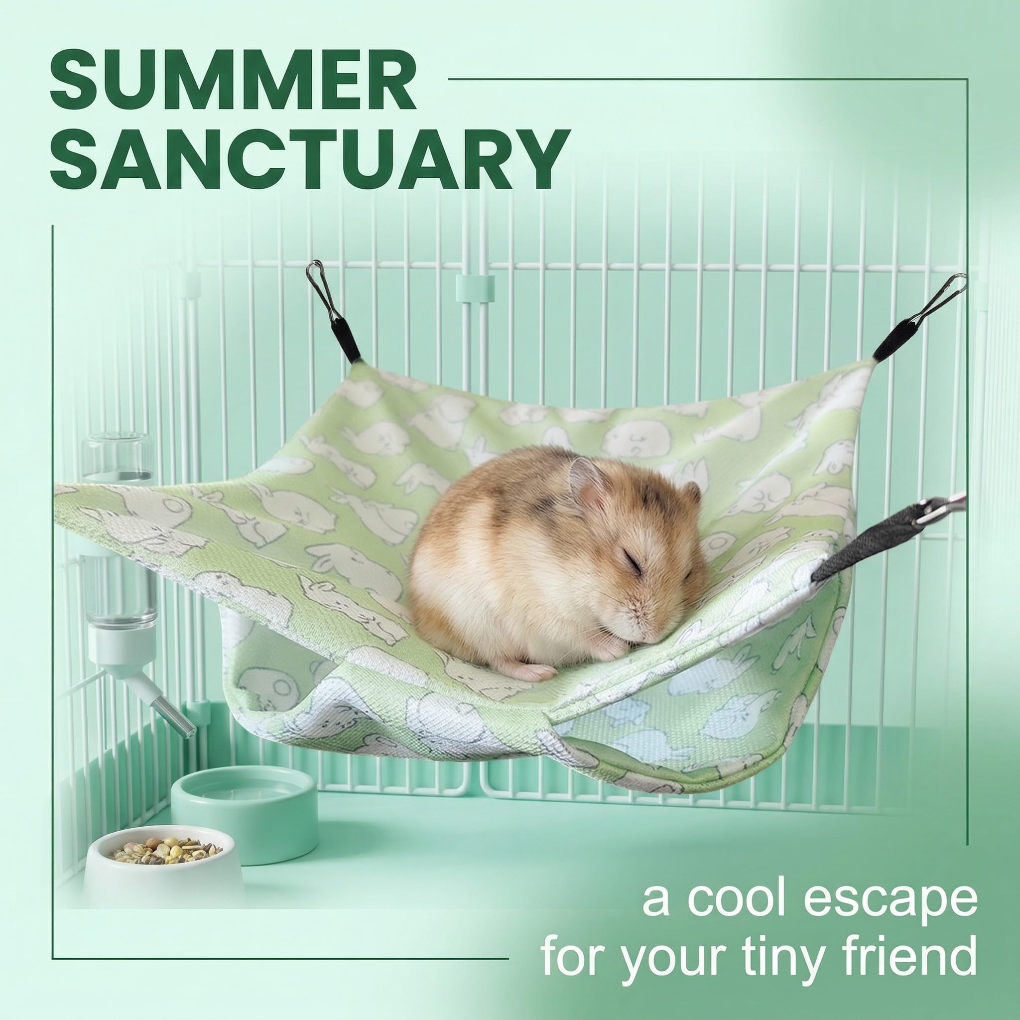 2 Stück Eiskühlseide Kleintiernest 1 Doppelstöckige Hängematte 28x28 cm e 1 Unterlage 15x20 cm, mit Kaninchen-Motiv, für Hamster Meerschweinchen, Kaninchen, Grün