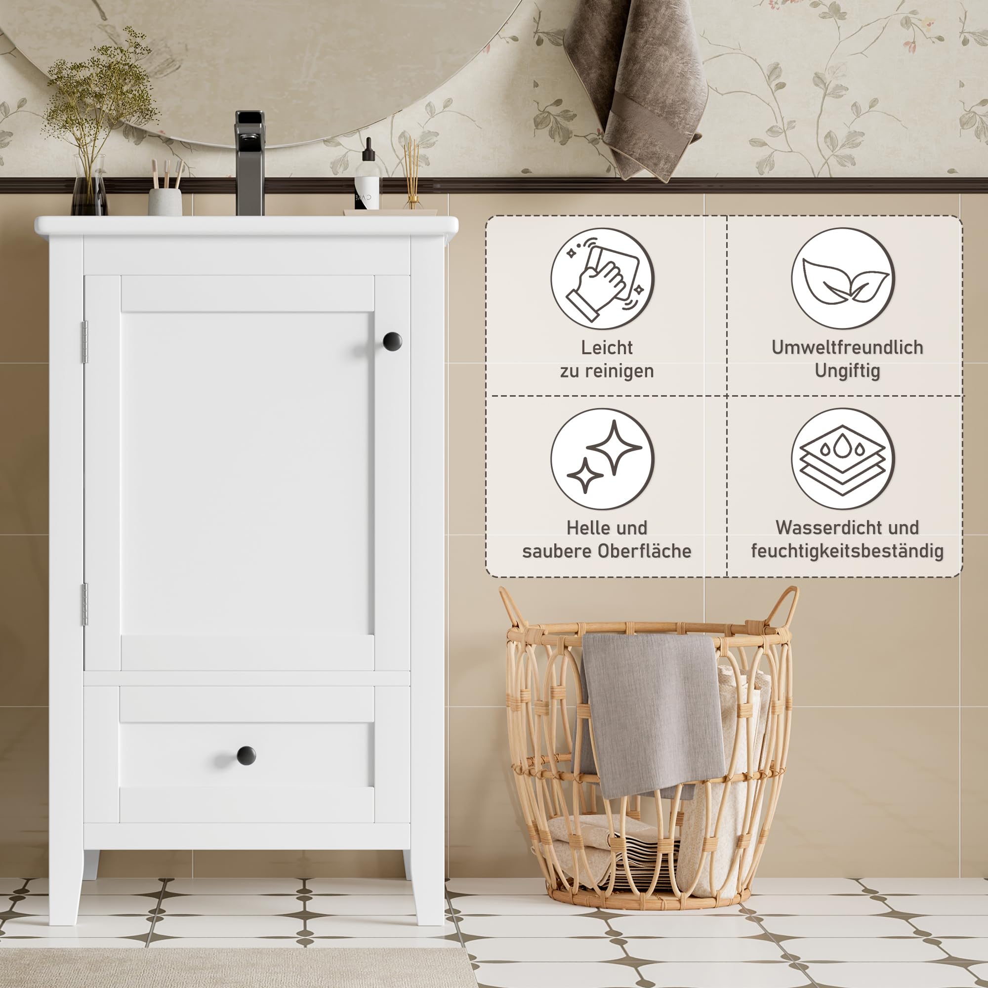 51 x 46 x 85 cm, mueble de baño de pie con lavabo, lavabo completamente lacado, estante para puerta, cajón silencioso con gran capacidad, estante ajustable, lavabo de cerámica, color blanco