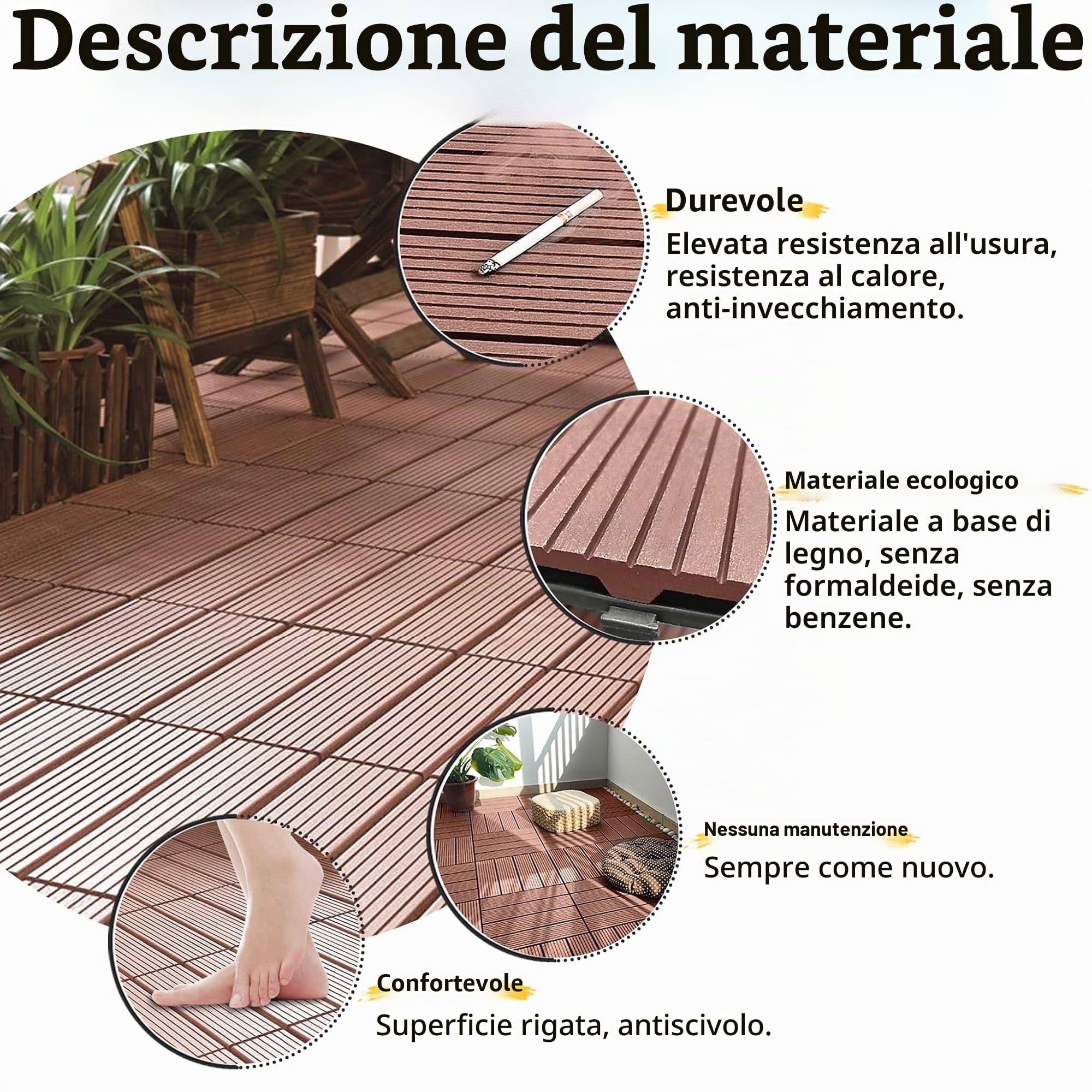 Froadp WPC Pavimenti di Legno per Esterno, 60x30cm Tavole di Terrazza, Pavimentazione Impermeabile con Sistema di Drenaggio e Click, Piastrelle Antiscivolo per Balconi Giardino (3㎡, Marrone)