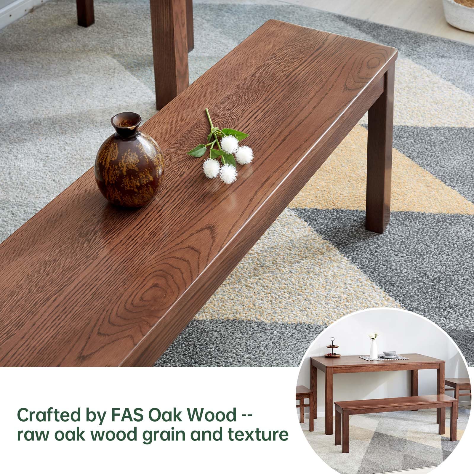 100% Solid Oak Wood Dining Bench, 39.6'' Entryway Bench Extra Chair Seat Long Ottoman with Squre End & Round Corner for Kitchen Living Room Bedroom, Walnut