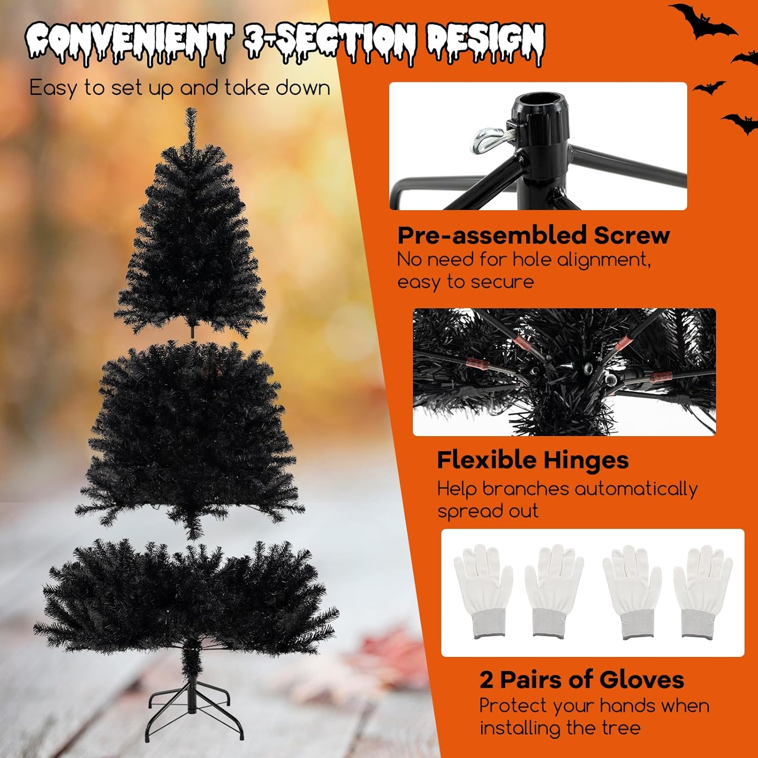 Goplus 6 FT Pre-Lit Black Christmas Tree, Artificial Hinged Halloween Tree with 280 Orange & Purple LED Lights, 6 Lighting Modes, Spooky Sounds, 758 Branch Tips, Xmas Tree for Home Office Decoration 6 FT Orange+purple