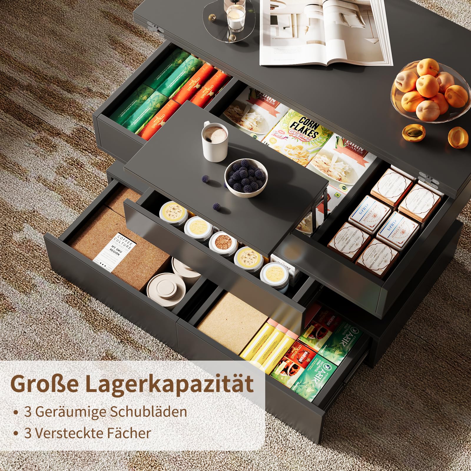 FUSOU Couchtisch Höhenverstellbar, Wohnzimmertisch mit Stauraum, 3 Schubladen & Versteckter Aufbewahrung, Multifunktional als Kaffeetisch, Esstisch oder Arbeitsplatz, für Wohnzimmer, Büro, Schwarz
