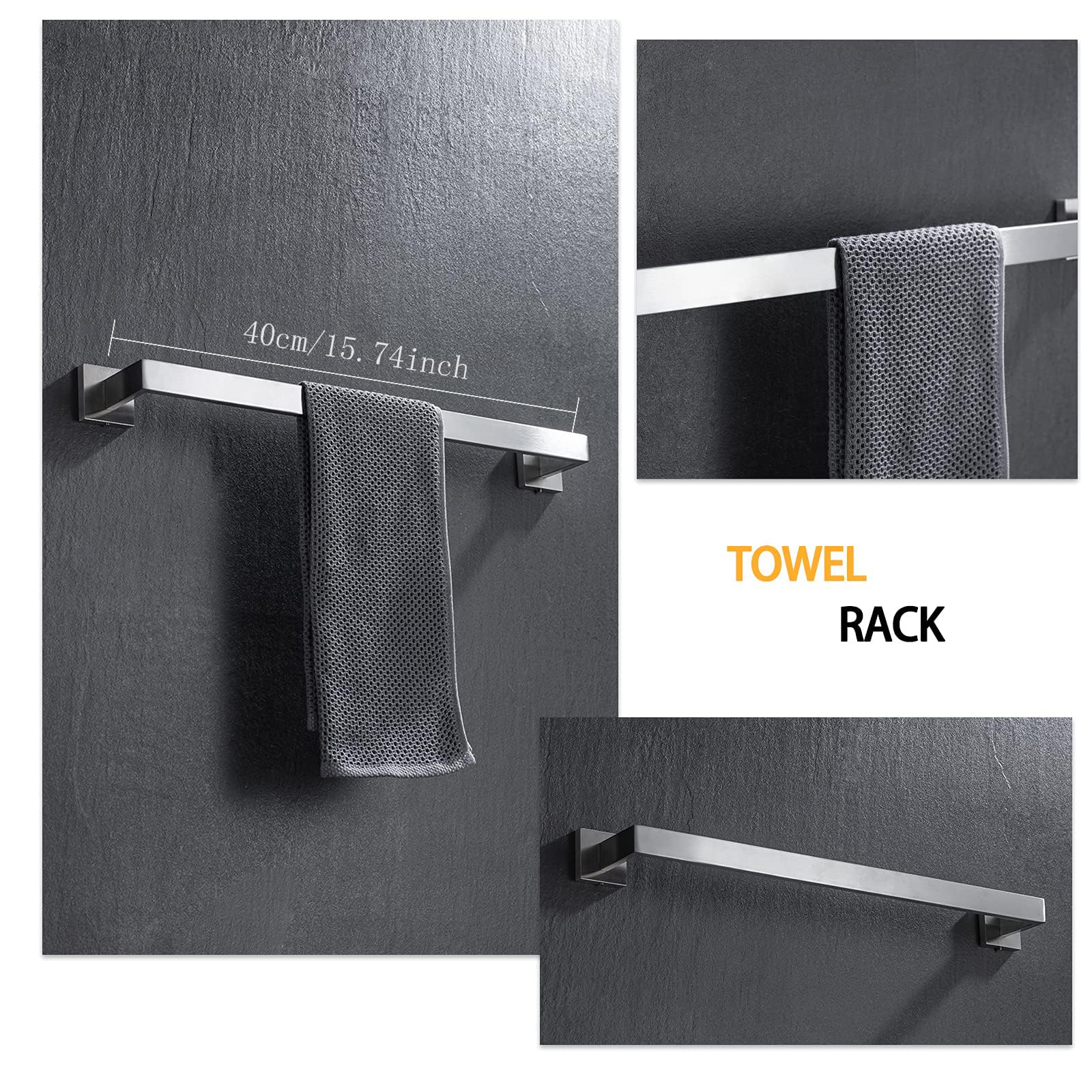 Juego de accesorios de baño de 4 piezas, toallero, toallero, soporte para papel higiénico, ganchos para toallas, ganchos modernos cuadrados de acero inoxidable de alta calidad, níquel cepillado, 5