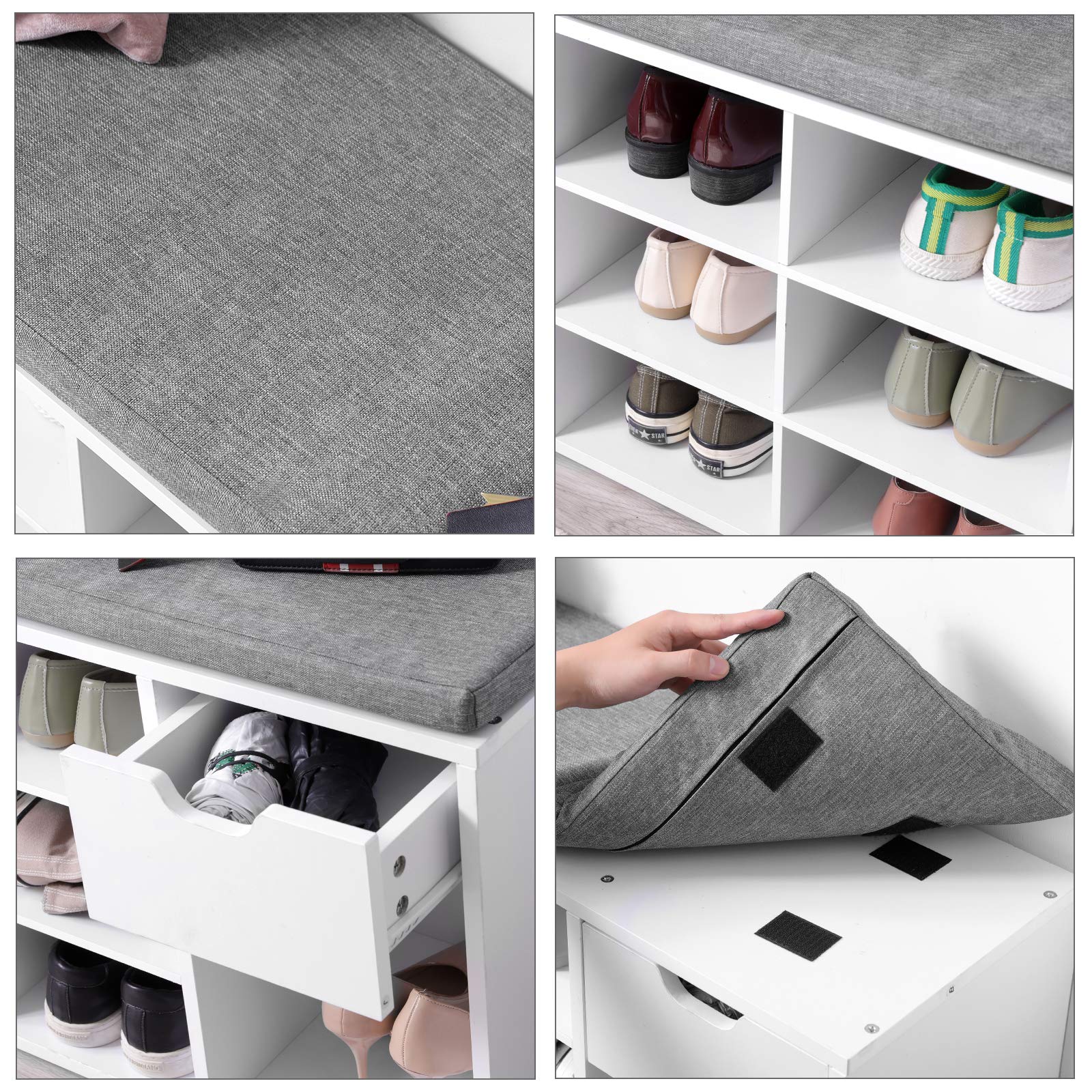 VASAGLE Custos Kollektion - Schuhbank, Schuhregal mit Schublade und offenen Fächern, Sitzbank, gepolsterter Sitz, Flur, Schlafzimmer und Eingangsbereich, 30 x 104 x 48 cm, weiß-grau LHS24WT
