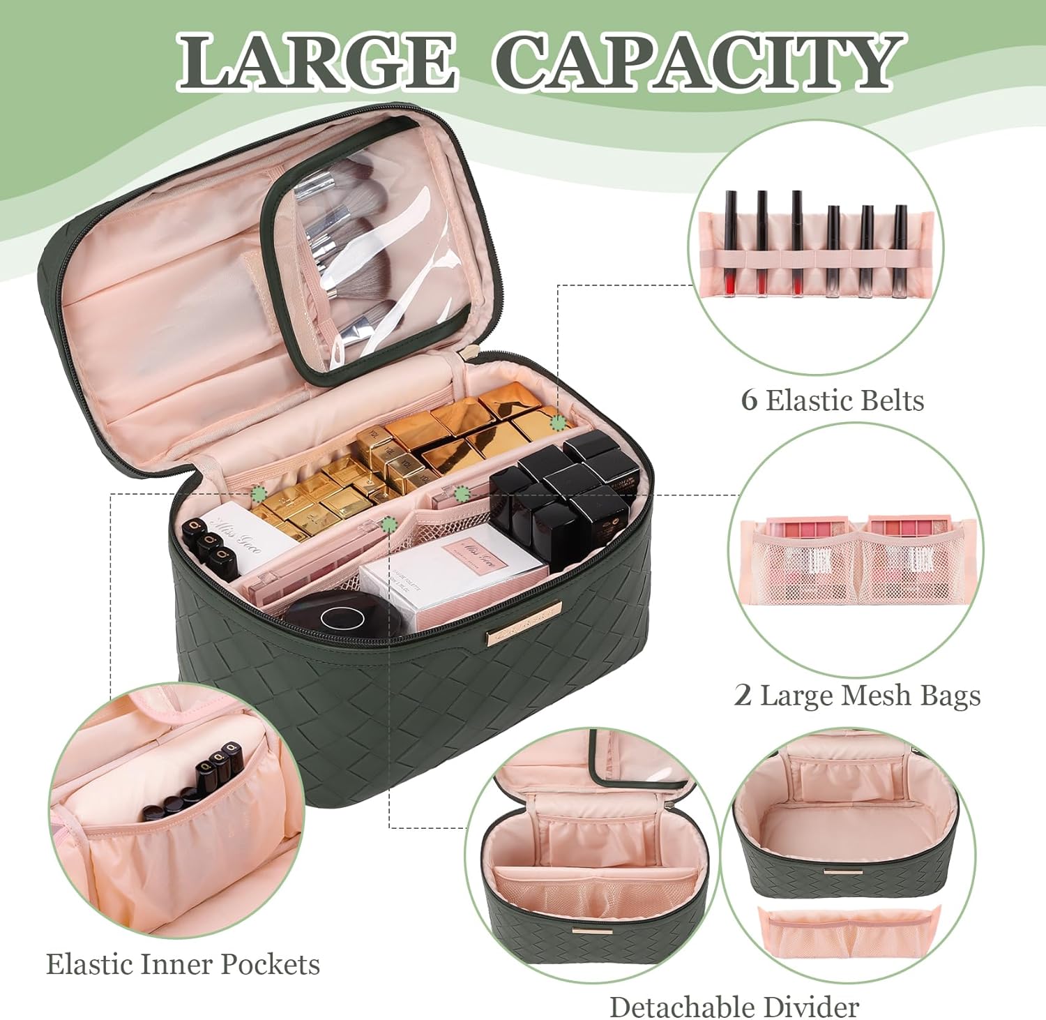Dajasan Makeup Bag Cosmetic Bag, Travel Makeup Bag, Large Capacity Makeup Organizer Case, Large Toiletry Bag for Women Girls, PU Leather Waterproof 11.81 x 6.7 x 7.09 Inch (Green) - Image 4