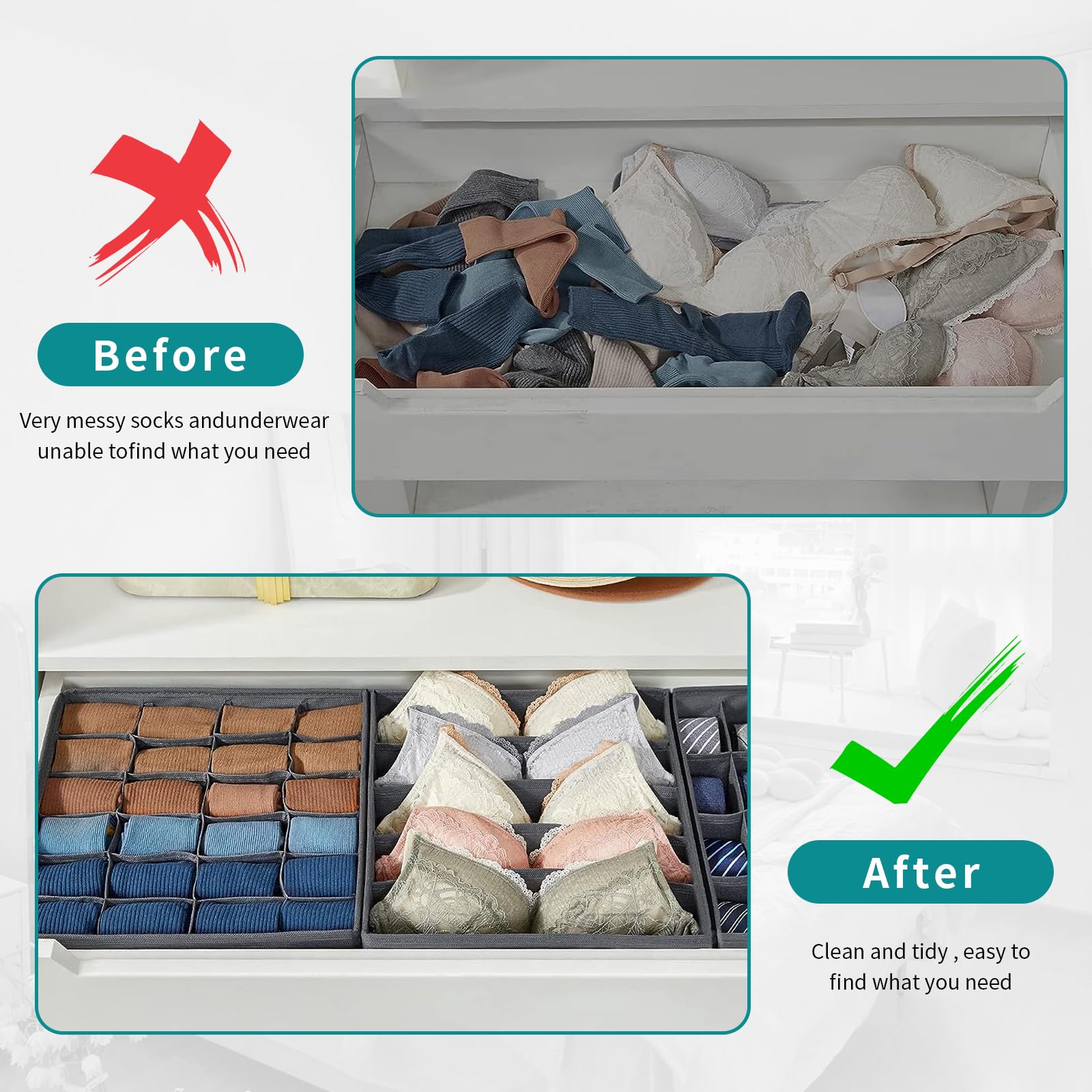 MINGLITAI Set Di 6 Organizer Armadio, Organizer Cassetto Per Biancheria Intima, Usato Per Divisori Pieghevole Per Cassetti Per Biancheria Intima, Calze, Fazzoletti E Cravatte (Grigio