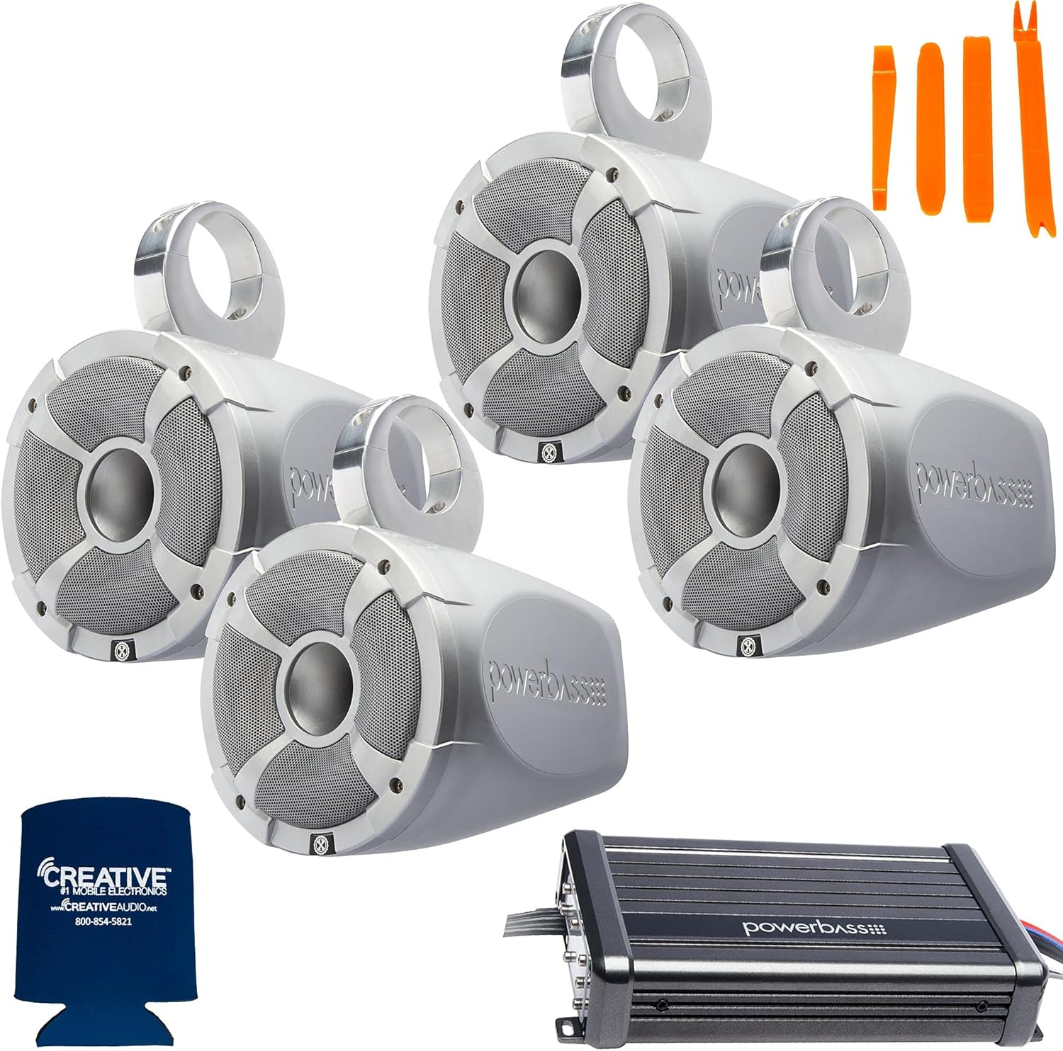 PowerBass 2 Pairs of 6.5" Marine Wake Board & UTV Roll Bar Speakers with Amplifier