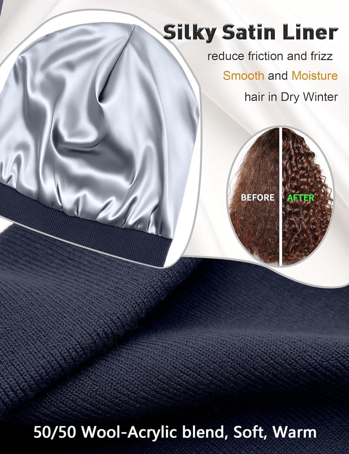 Satin Lined Wool Beanie Hat for Women Men Fall Winter Fashion, Warm Knit Cuffed Fisherman Skull Cap/Slouchy Beanie - Image 2