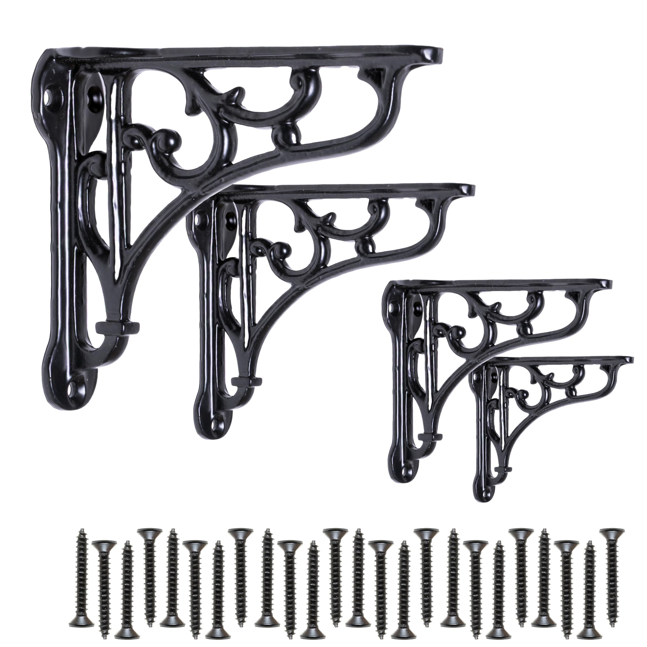 EDUWURXS Industrial Ornate Cast Iron Black Shelving Brackets | Heavy Duty Wall Brackets for Shelves | Rustic Supports for Kitchen, Living Room & Outdoor 3x4 (Pack of 4)