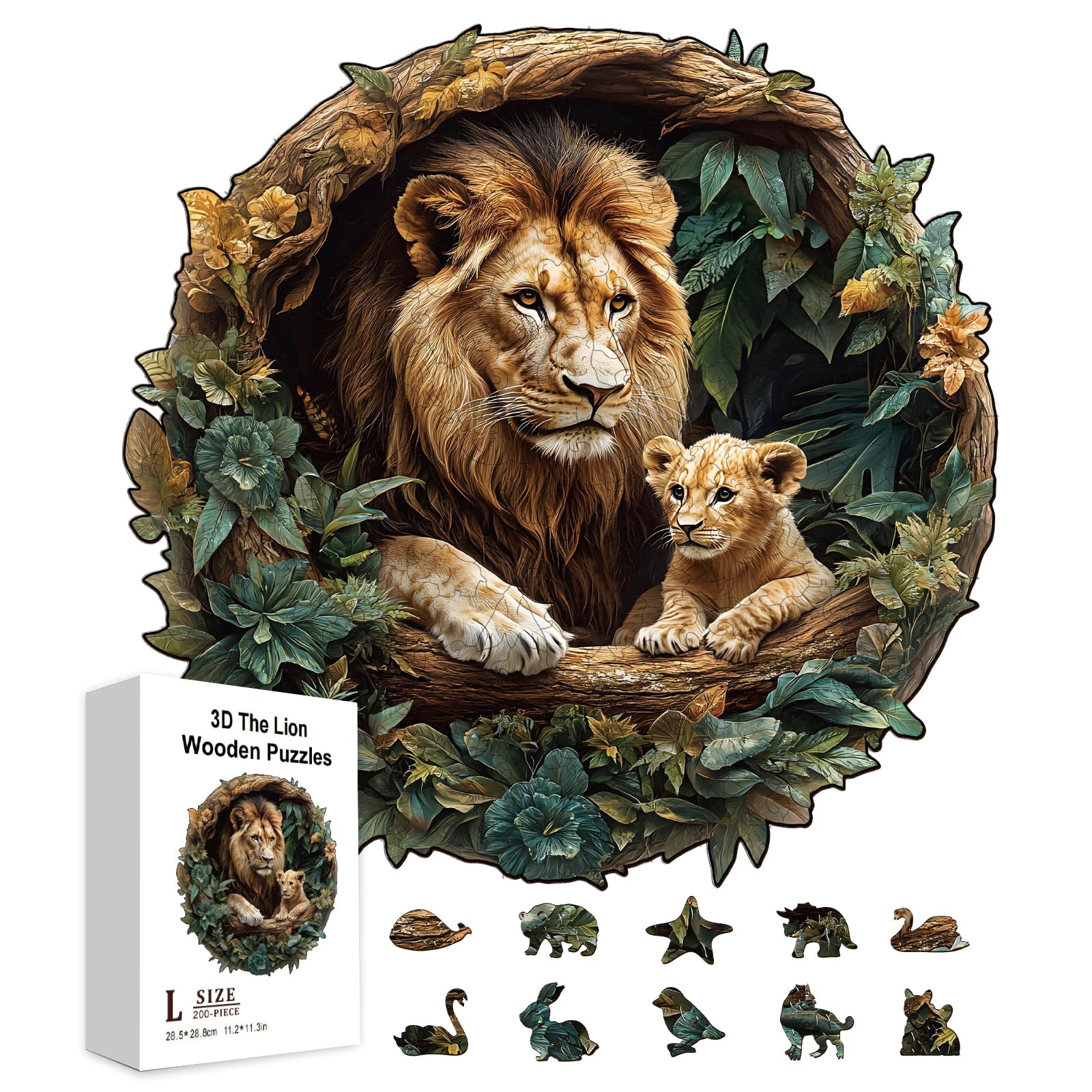GLOBLELAND 200Pcs 3D The Lion Wooden Jigsaw Puzzles for Adult 11.34x11.22inch Colorful Forest Animals Wood Puzzles for Holiday Birthday Anniversary