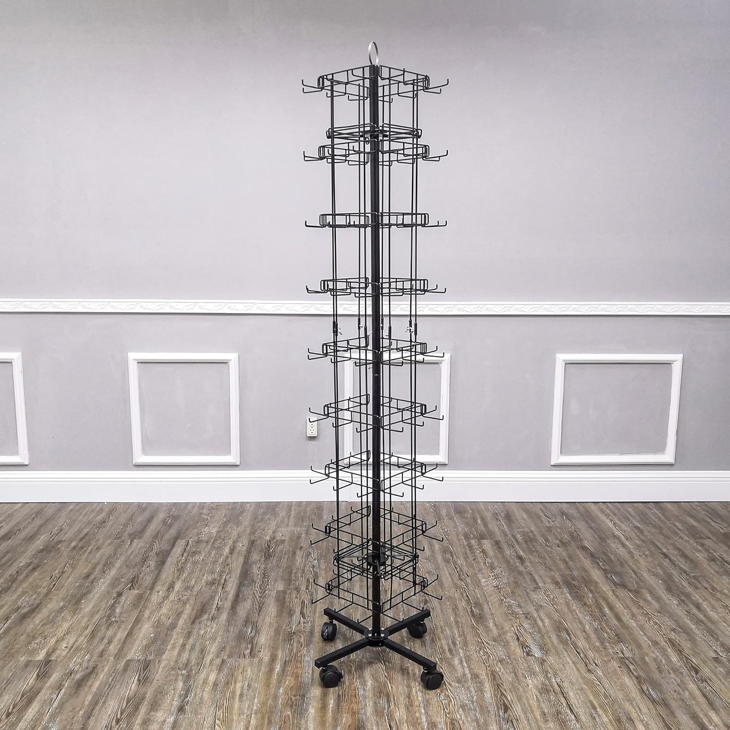 FixtureDisplays Key-Chain Souvenir Rack Wire Display Mobile Stand with Rolling Casters, 96 Wire Hanging Hooks, Black Powder Coated Metal, 16" x 16" x 69.5", 15394-NEW-NPF