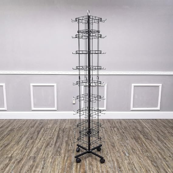 FixtureDisplays Key-Chain Souvenir Rack Wire Display Mobile Stand with Rolling Casters, 96 Wire Hanging Hooks, Black Powder Coated Metal, 16 x 16 x 69.5, 15394-NEW-NPF