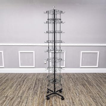 FixtureDisplays Key-Chain Souvenir Rack Wire Display Mobile Stand with Rolling Casters, 96 Wire Hanging Hooks, Black Powder Coated Metal, 16 x 16 x 69.5, 15394-NEW-NPF