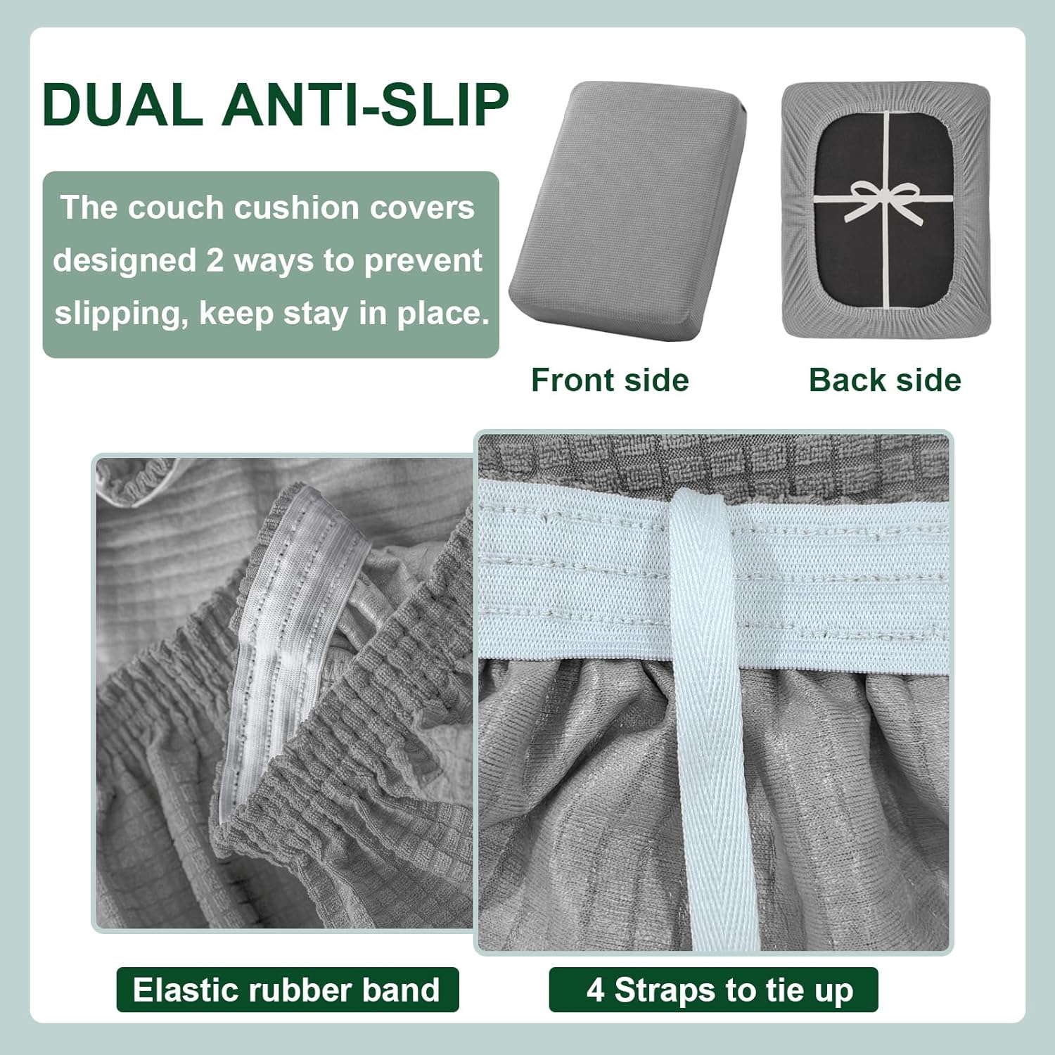 UNBBRRL 100% Leak-Proof Patio Cushion Covers, Stretch Replacement Outdoor Cushion Covers Waterproof, Non-Slip Jacquard Furniture Covers for Outdoor Seating (Light Grey,W: 63-79", D: 28-33")