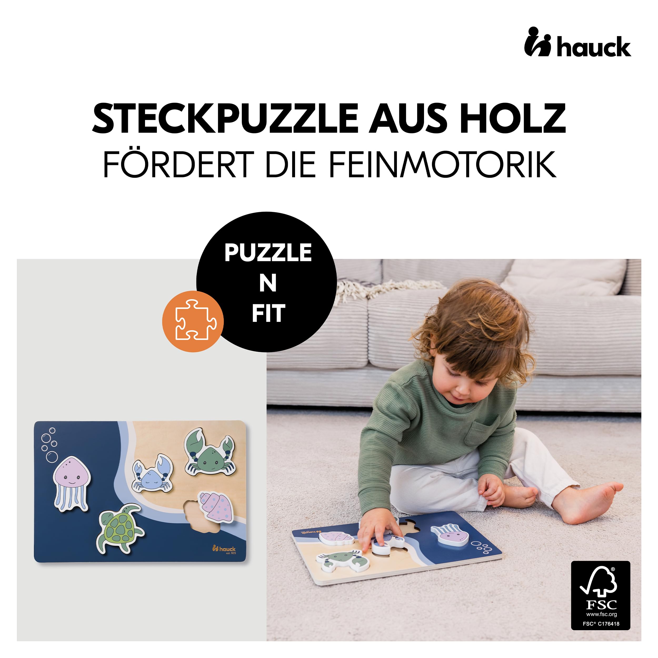 hauck Learn N Explore Natural Lernturm inkl. Puzzle N Fit - Natural | Mitwachsender Kinder Lernturm aus Buchenholz, ab 1 Jahre bis 40 kg, höhenverstellbares Fußbrett