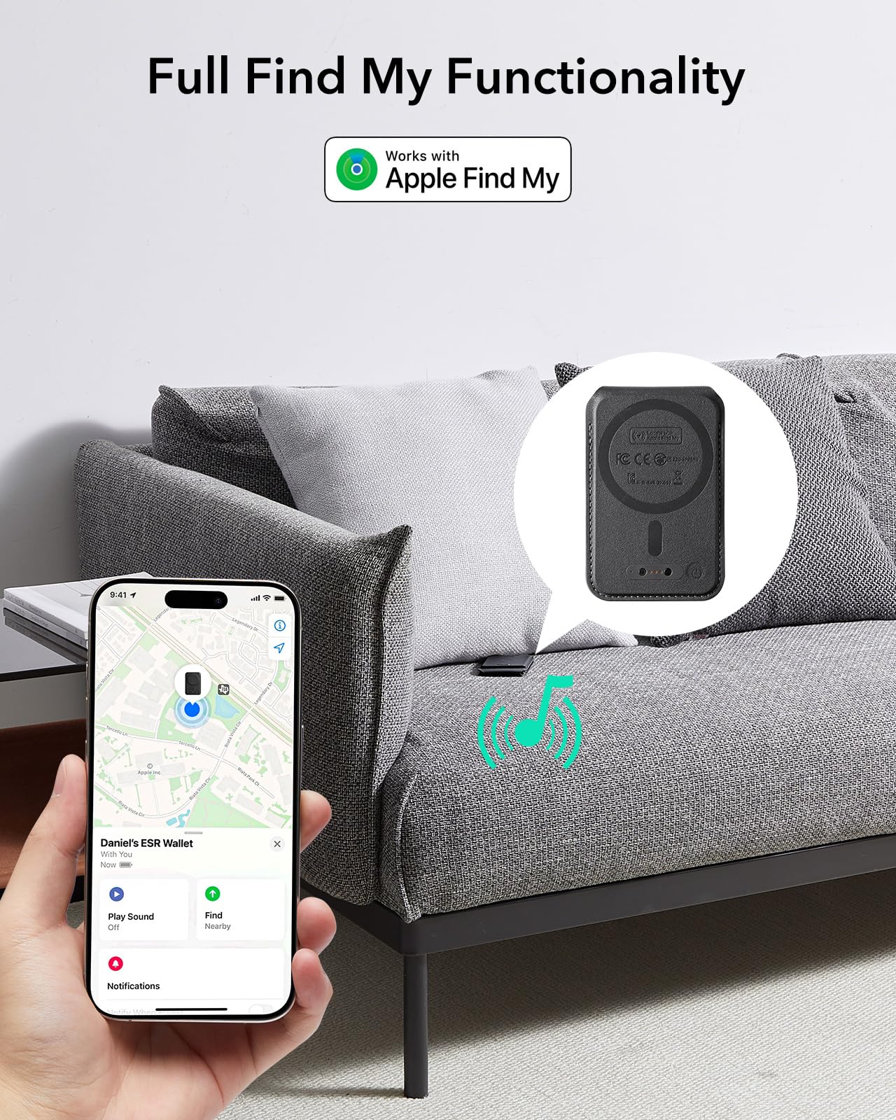 ESR Geo Porte Carte pour MagSafe, Compatible avec Localiser, Porte-Cartes Magnétique pour 5 Cartes, Blocage RFID, Support Ajustable, Wallet pour iPhone 17e/17/16/15/14/13/12 séries, Non Mini, Noir