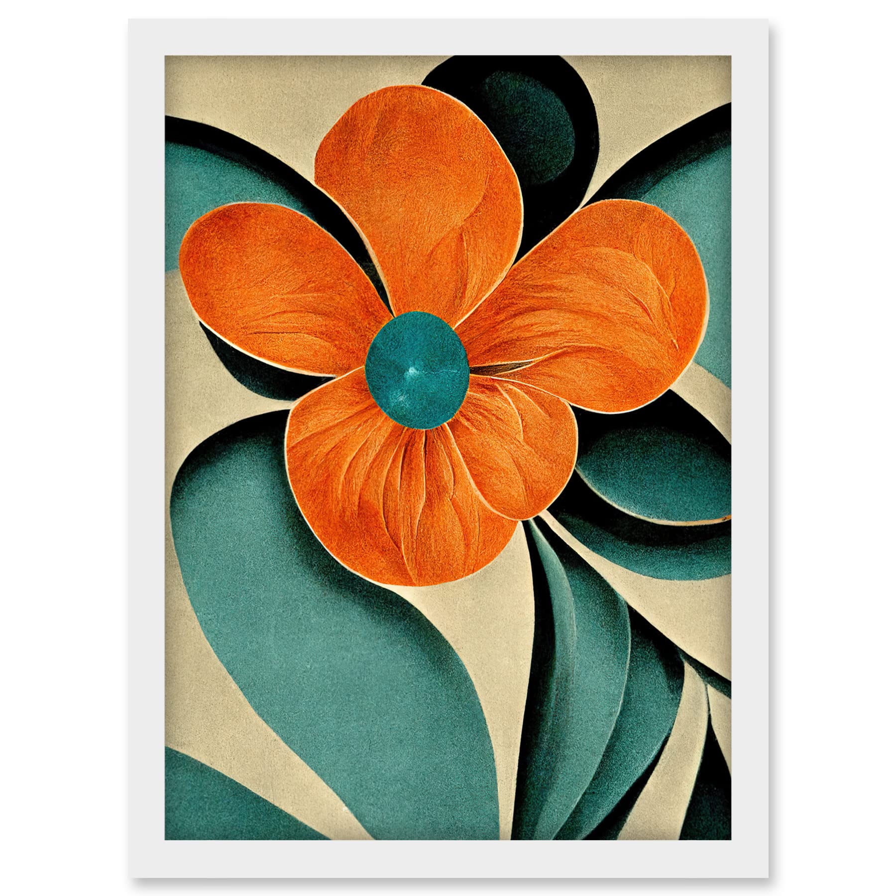 Doppelganger33 LTD Bold Art Deco Flowers Teal Orange Cream Poppy Artwork Framed A3 Wall Art Print