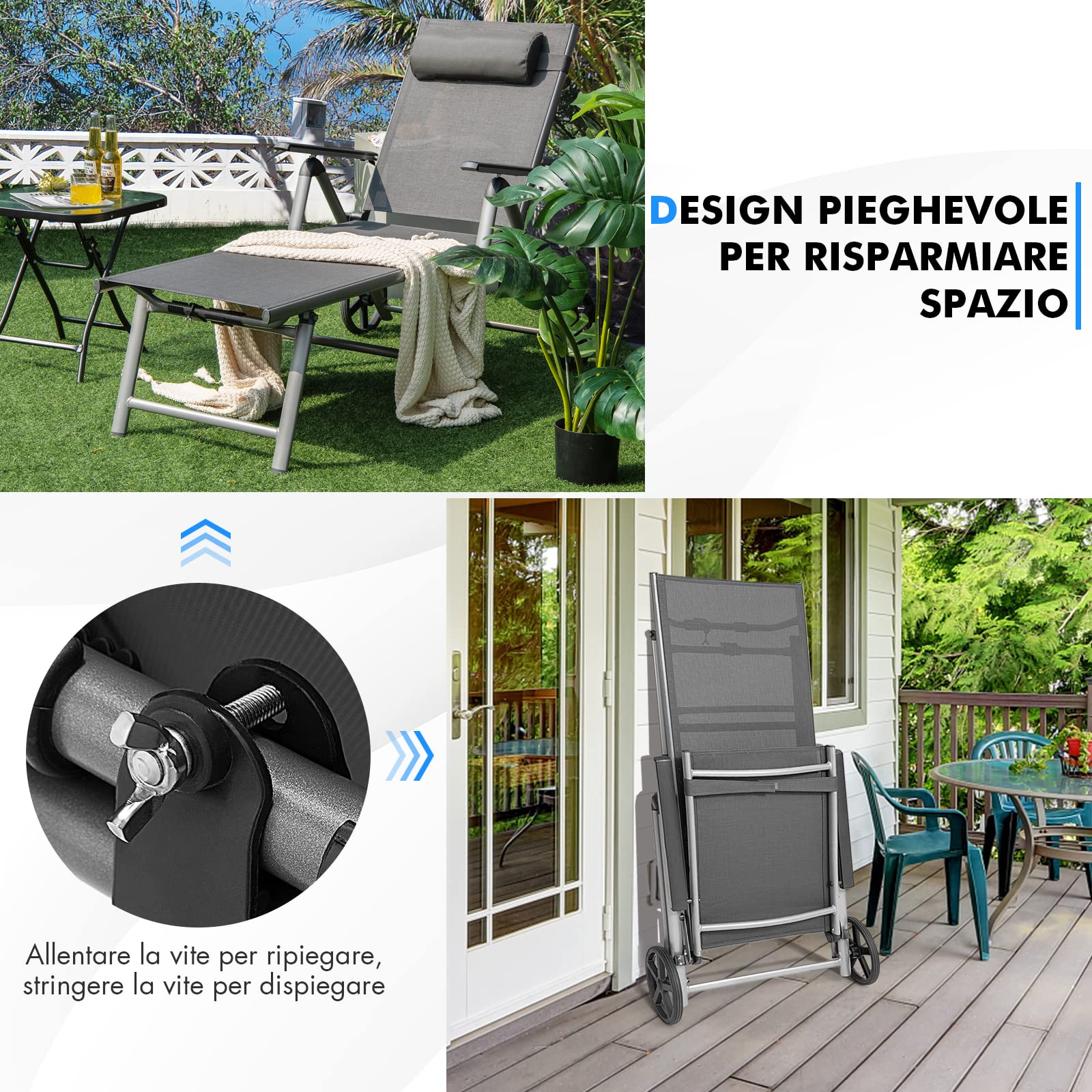 COSTWAY Lettino Prendisole Pieghevole in Alluminio su Ruote, 150 kg | Sedia da Giardino Schienale 7 livelli con Braccioli e Poggiatesta Rimovibile, Tessuto Traspirante per Piscina e Cortile