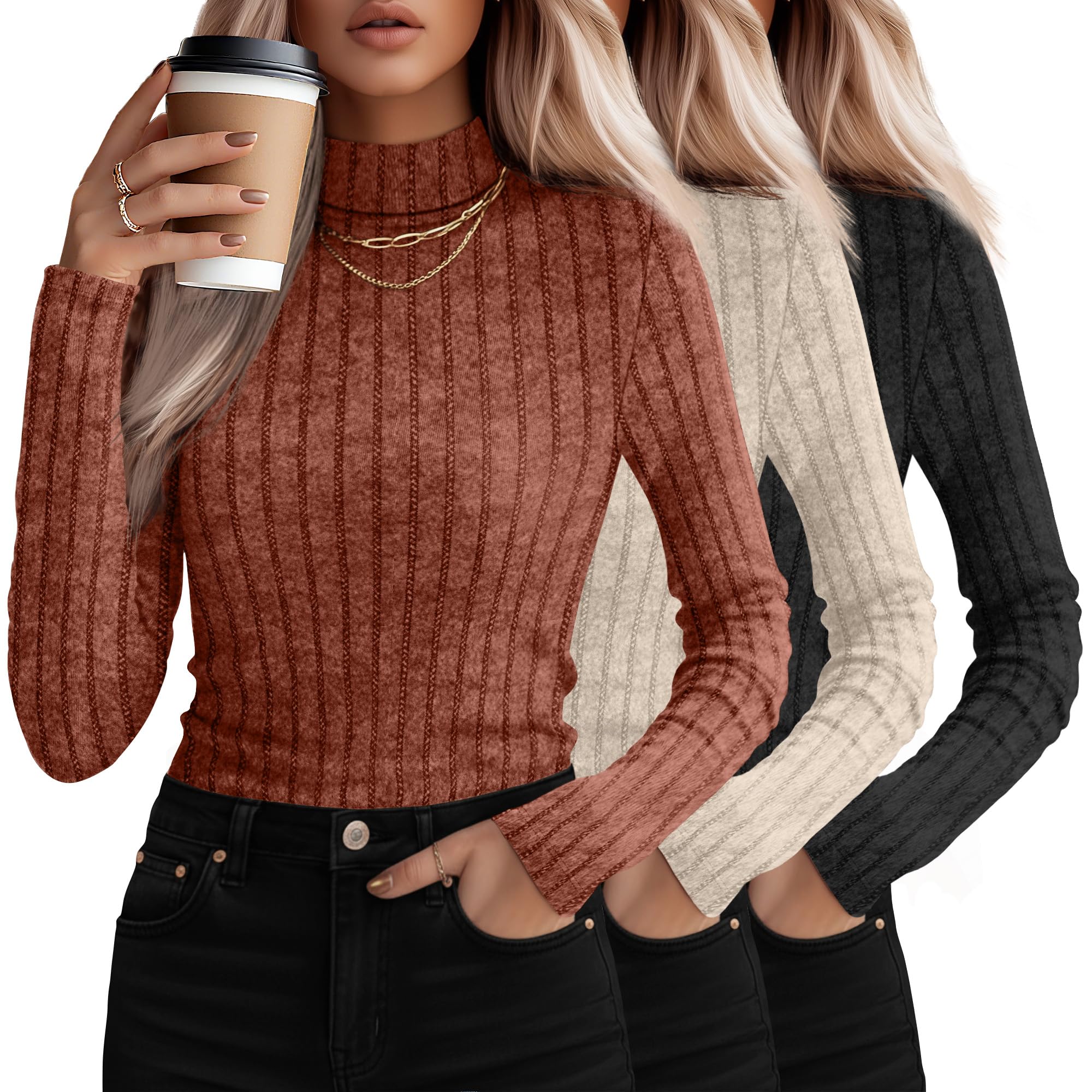 3 Pack Womens Mock Turtleneck Sweaters Long Sleeve Ribbed Knit Tops Fit Soft Thermal Underwear Lightweight Fall Pullover