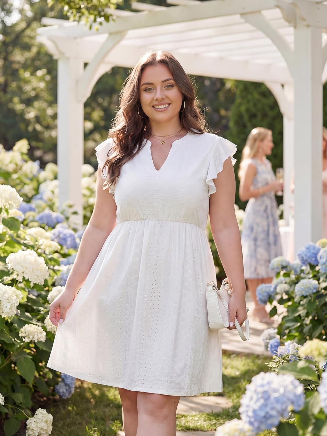 OLRIK Plus Size Summer Dresses for Women Stretchy Empire Waist Eyelet Midi Dress with Deep Pockets V Neck Flutter Sleeve 2026