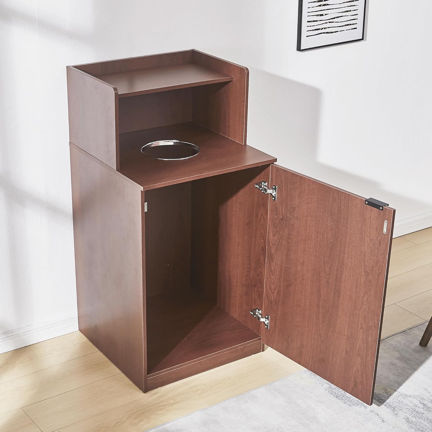 Restaurant Trash Can Cabinet, Commercial Trash Cans 32 Gallon Wooden Trash Can and Garbage Receptacle with Tray Holder, Door, Large Trash Bin for Restaurant, Cafeteria, Kitchen, Shop, Mahogany