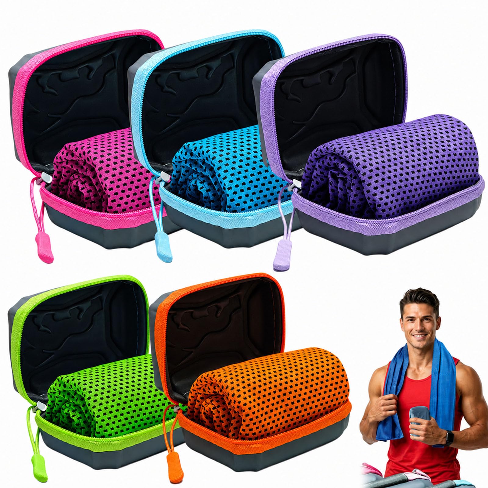 Auriiktch Cooling Towels for Hot Weather, Cool Towels for Neck Hot Weather with Storage Box, Sweat Towel for Men Women Kids Gym Workout Running Yoga Golf Camping (J 5PCS, M: 30 x 90 cm)
