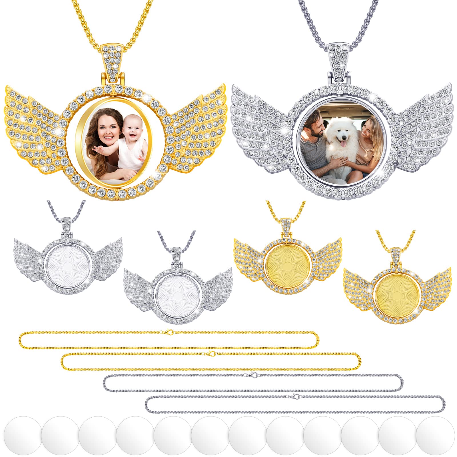 Junkin 24 Pcs Sublimation Rhinestone Trays Pendant Set, Including 6 Double Sided Blank Rhinestone Bezel Trays, 6 Pcs Thick Chains with 12 Sublimation