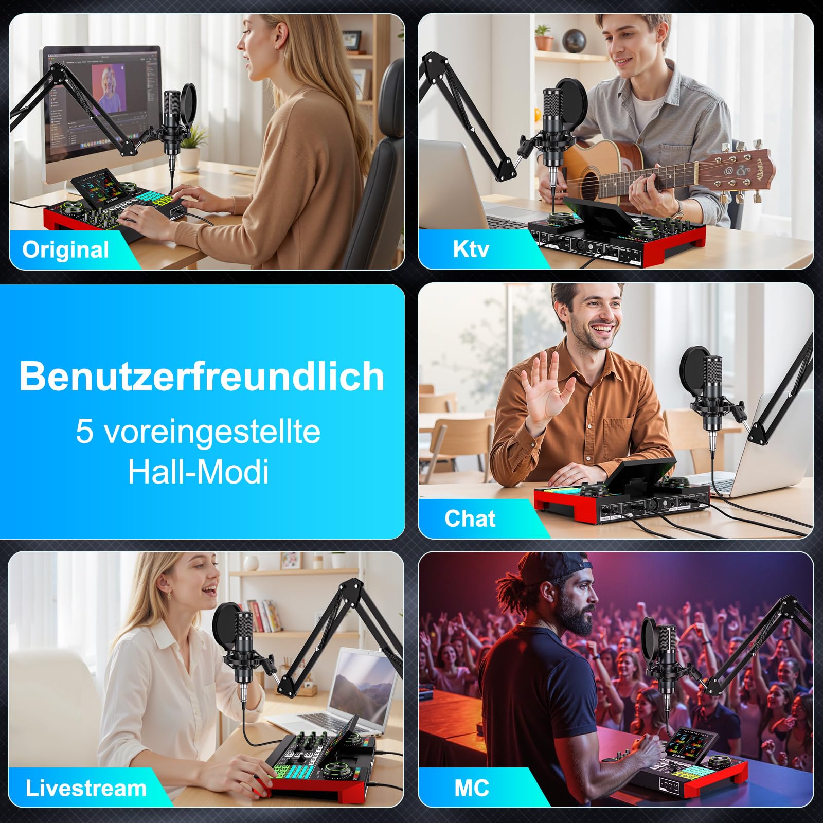 TENLAMP G10 Podcast-Equipment, Audio-Interface mit Soundeffekten, 3,5mm Kondensatormikrofon, Mikrofonarm, Latenzfreies Hardware-Autotune, Echtzeit-Monitoring, Rauschunterdrückung, für PC, Handy