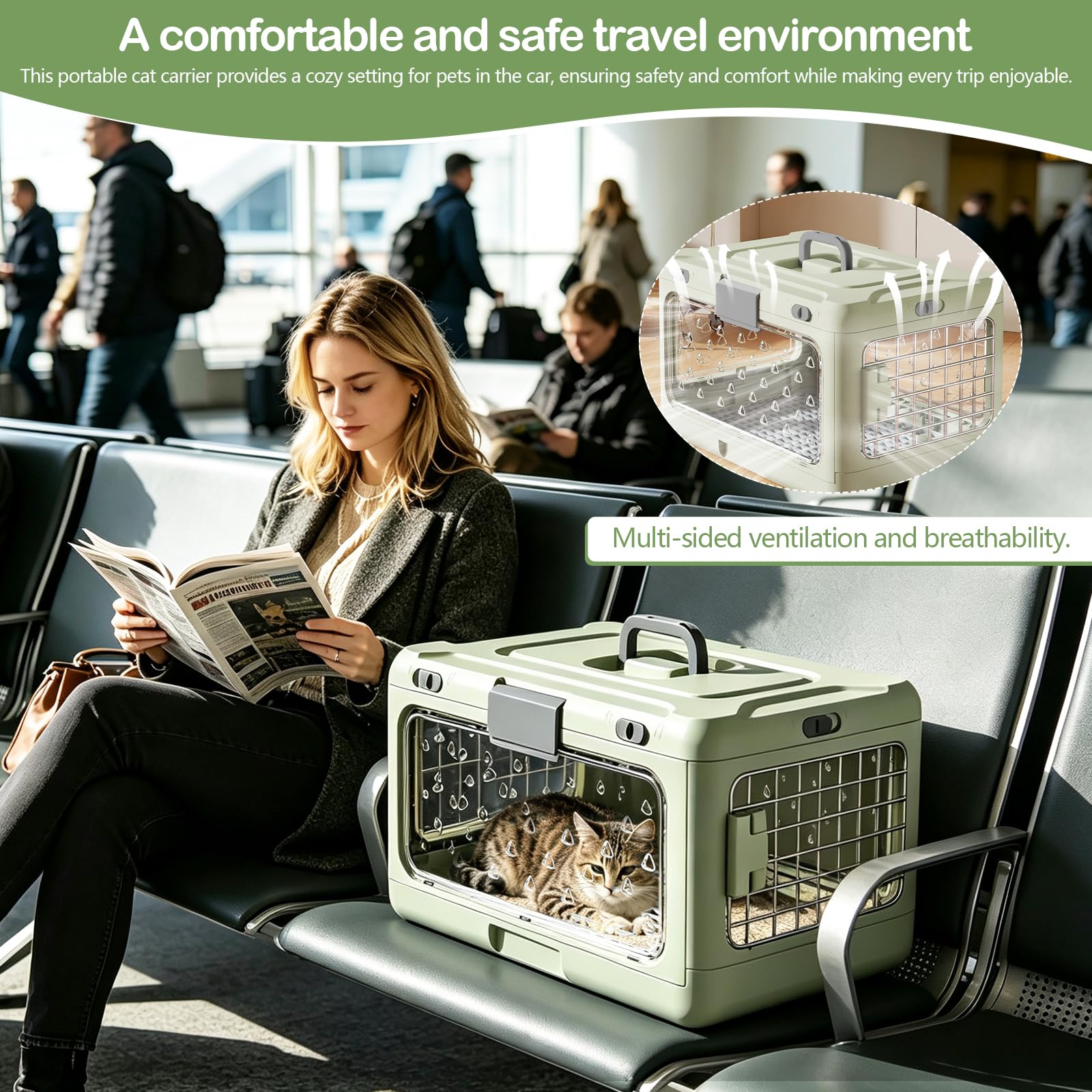 Transportín Gato, Jaula para Gatos Plegable de Plástico Grande Portátil Transportador Transparente para Mascotas de Viaje para Mascotas de Viaje para Avión, 50 x 32 x 31 cm