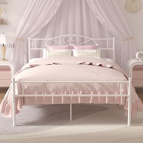 VECELO Base de cama de plataforma metálica de tamaño matrimonial de 14 pulgadas con cabecero y estribo, base de colchón resistente con soporte de