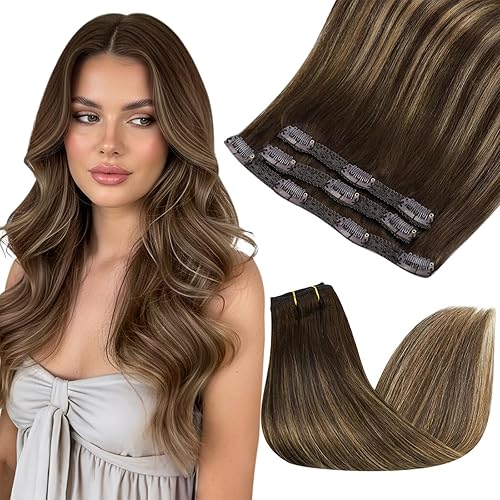 Sunny Hair Clip in Hair Extensions Straight Human Hair Clip in Extensions Remy Clip in Hair Extensions Real Human Hair Extensions Clip ins Dark Brown Balayage Blonde 4/27/4 20inch