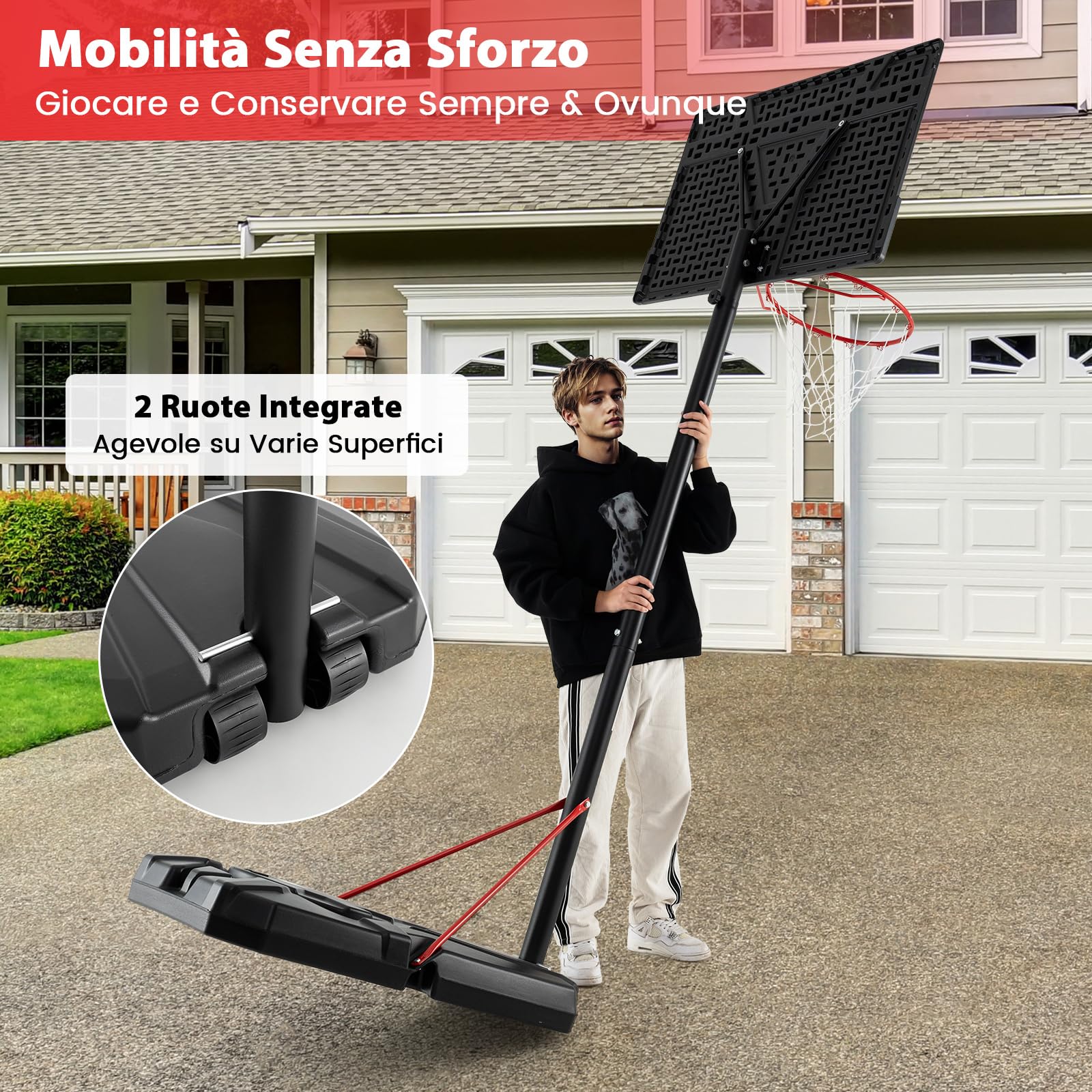 COSTWAY Canestro da Basket da Esterno Regolabile in Altezza 230-305 cm con Tabellone Resistenza agli Urti da 110 cm, Ruote e Base Riempibile, Canestro da Basket Portatile per Adulti e Ragazzi