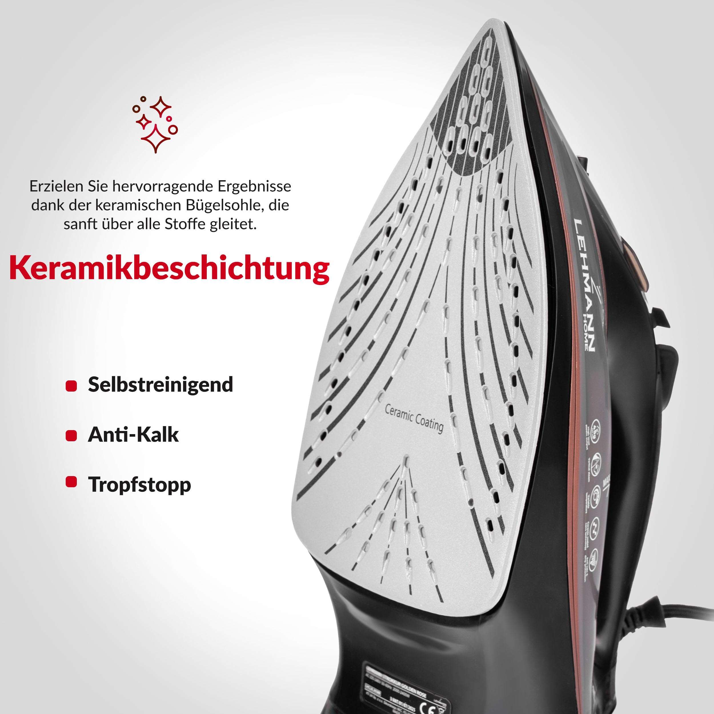 LEHMANN Żelazko parowe, 3000 W, uderzenie pary do 140 g, żelazko z ceramiczną stopą, zbiornik na wodę 380 ml, pionowa para, automatyczne wyłączanie, ochrona przed osadzaniem się kamienia i