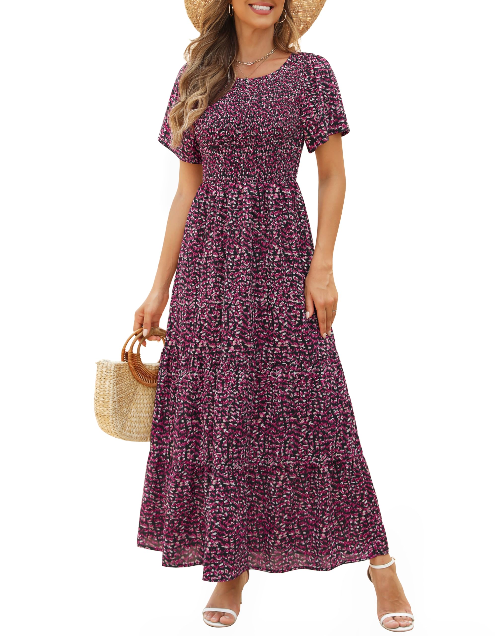 Kranda Women 2025 Summer Fall Crewneck Short Sleeve Smocked Floral Maxi Dress