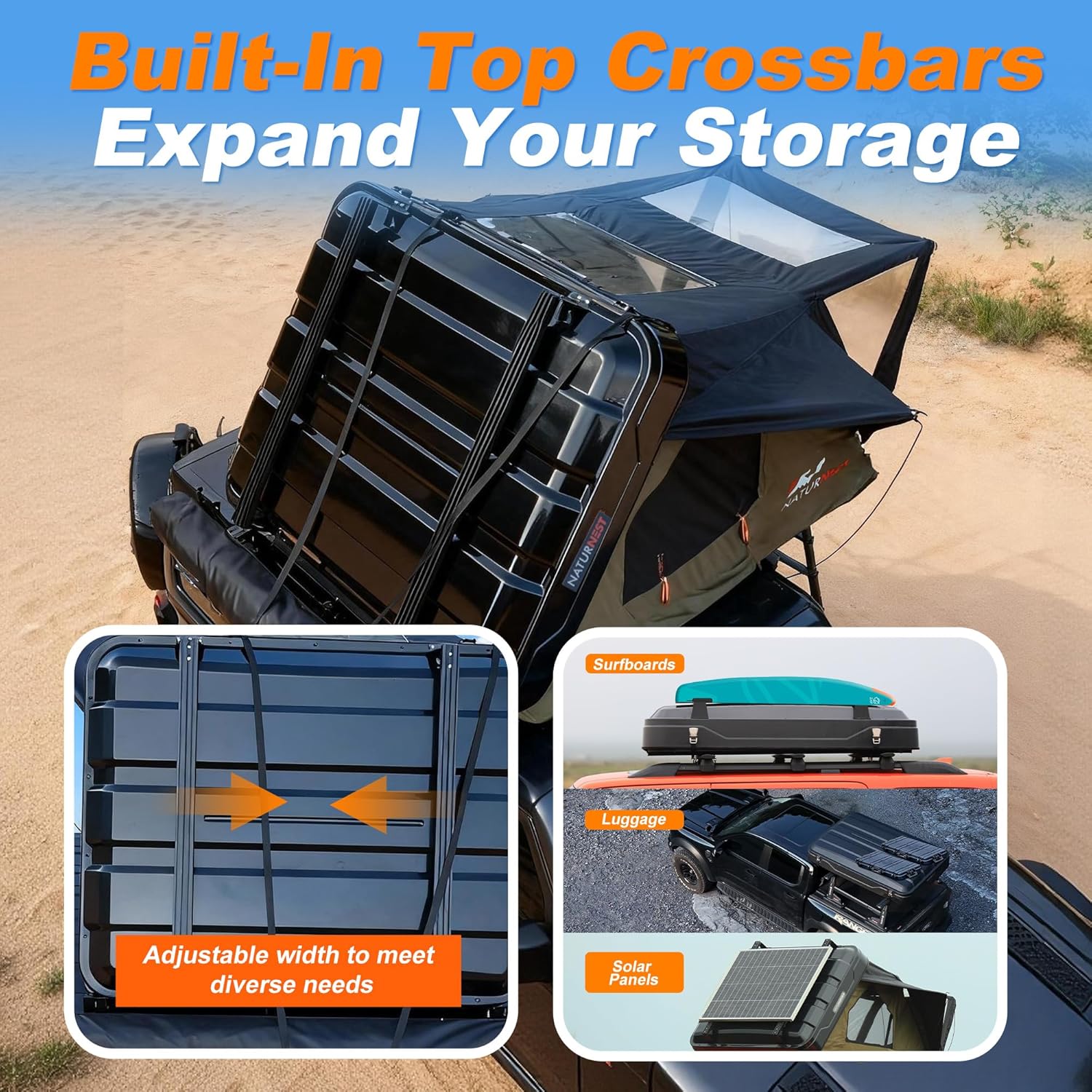 Naturnest Rooftop Tent Hard Shell, Easy Set Up Pop Up Large Tent for 2-3 Person Camping, Waterproof UV-Resistant Blackout 4 Season Tents for Truck, Jeep, SUV, Van, Trailer - Sirius 1 Plus