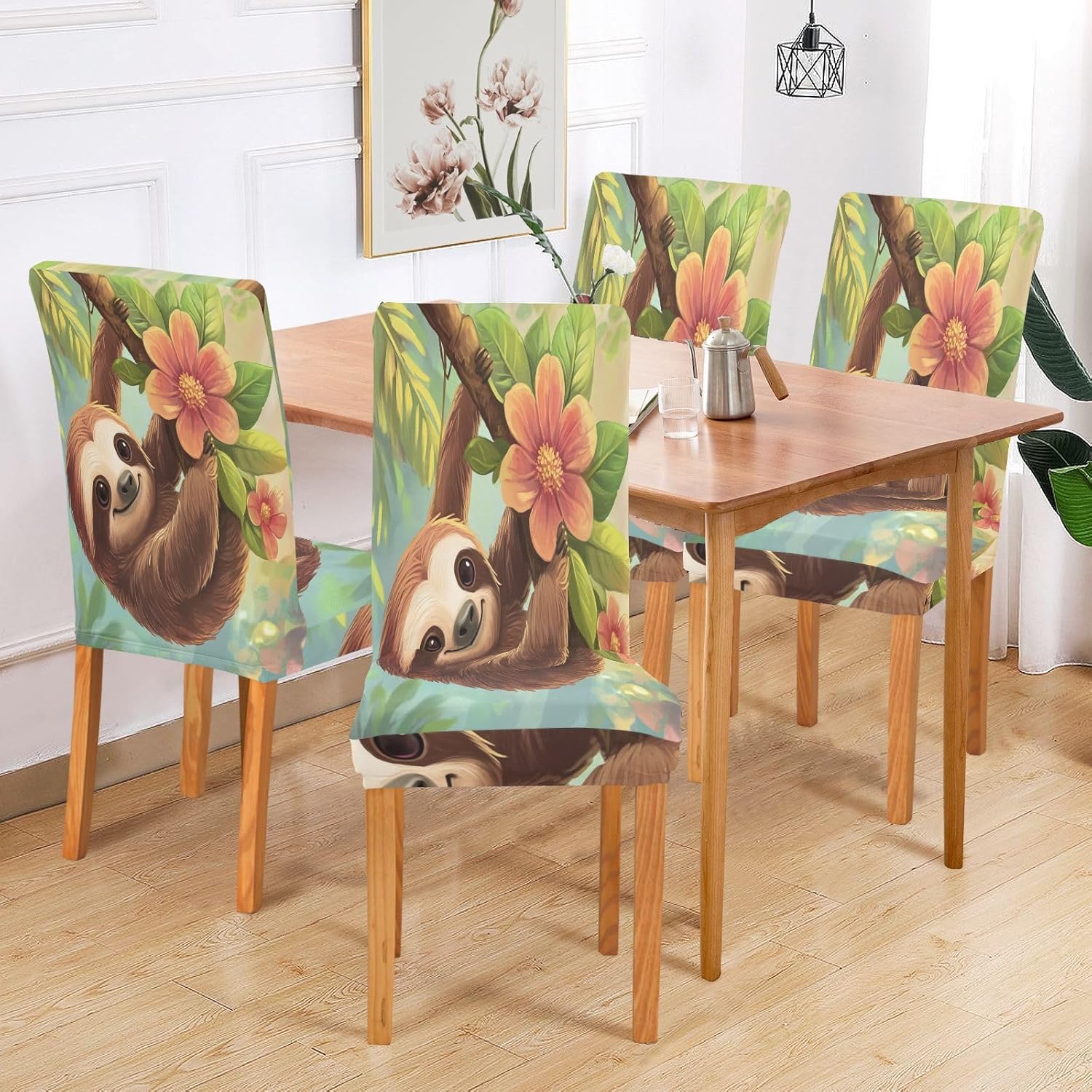 ALAZA Chair Covers for Dining Room, Cartoon Sloth Hang on The Tree Floral Stretch Chair Cover Sets Chair Protector Removable Washable for Ktichen Restaurant Hotel