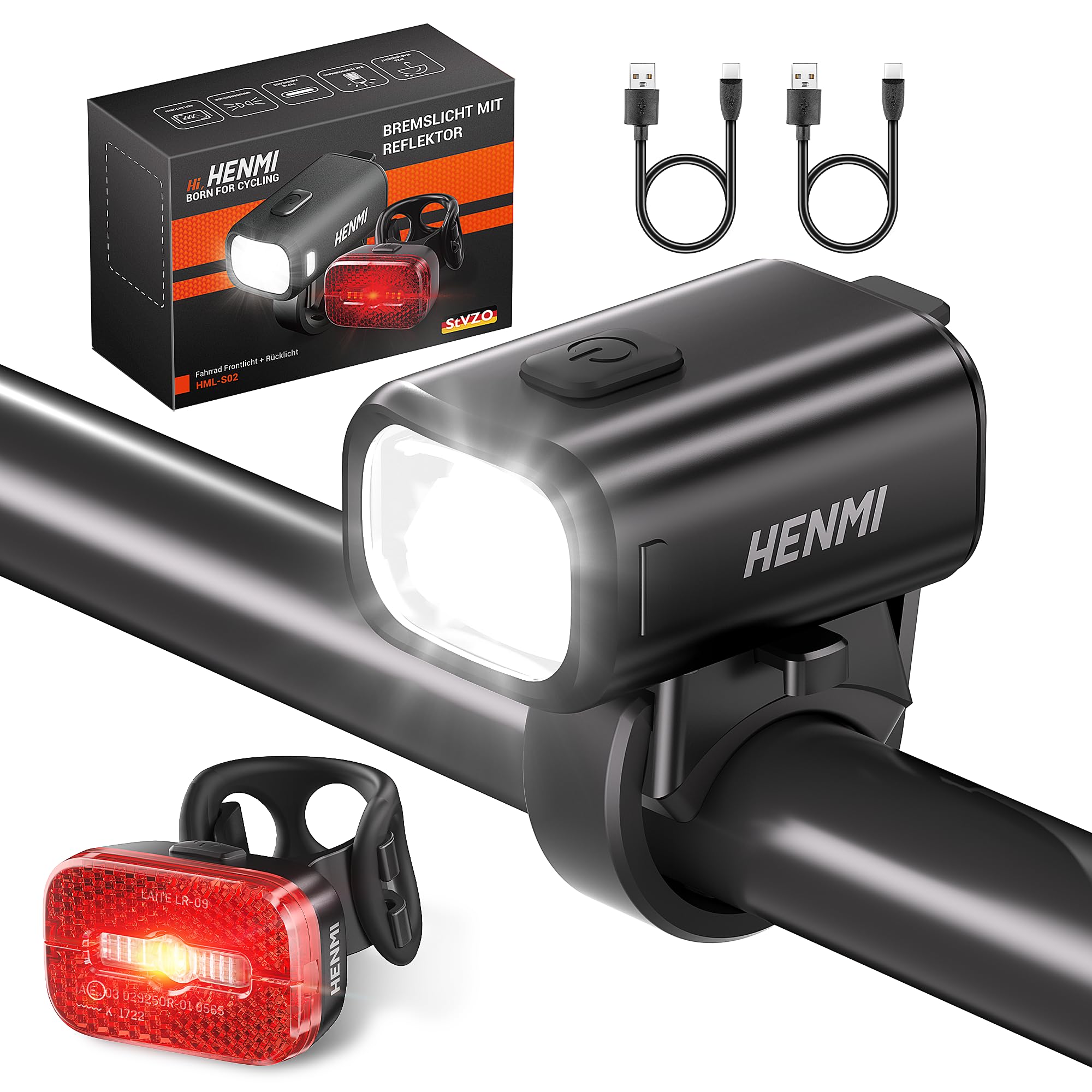 HENMI Fahrradlicht Set,USB Aufladbar Fahrradbeleuchtung Set,Stvzo Zugelassen Fahrradlicht vorne, Fahrrad Rücklicht mit Bremsfunktion und Reflektor, IPX5 Wasserdicht