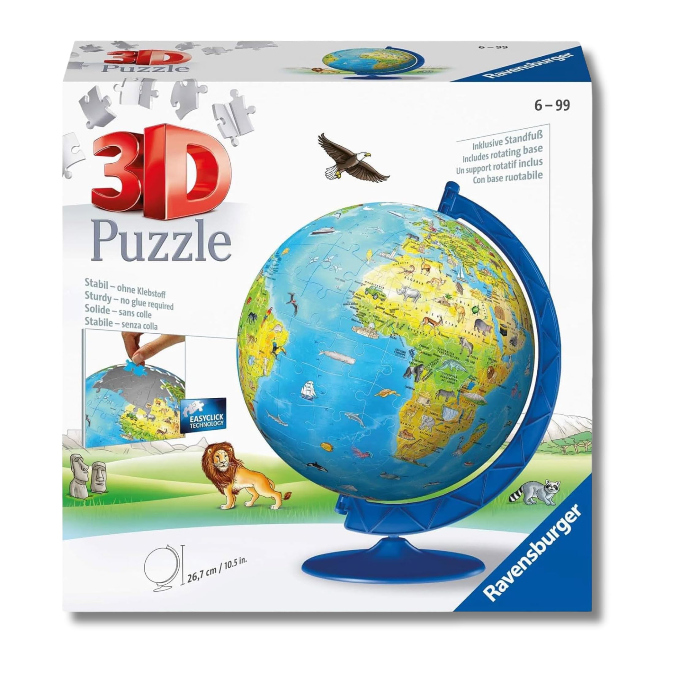 Ravensburger - Puzzle 3D Globo Terrestre Impara La Geografia Con Gli Animali | Puzzle 3d Bambini A Partire Dai 6 Anni | Modellismo Da Costruire Bambini Di 180 Pezzi | Regalo Bambino 6 Anni E Più