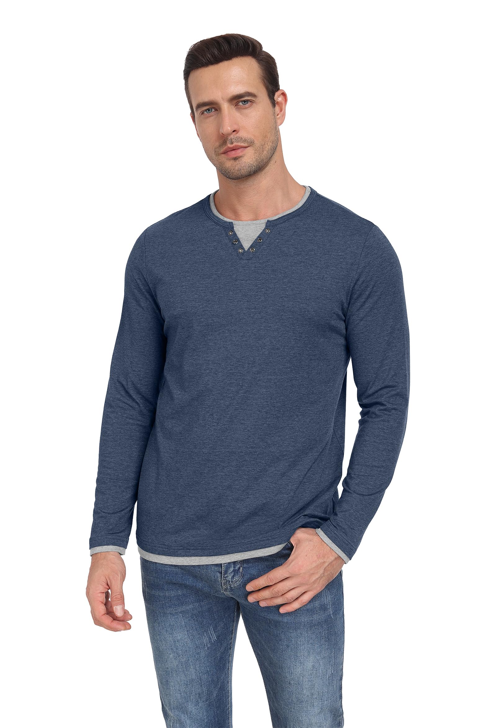 Hisir T-shirt męski Henley z bawełny, z długim rękawem, krój regularny, warstwowy, kontrastowy wzór, casualowy, na jesień i zimę