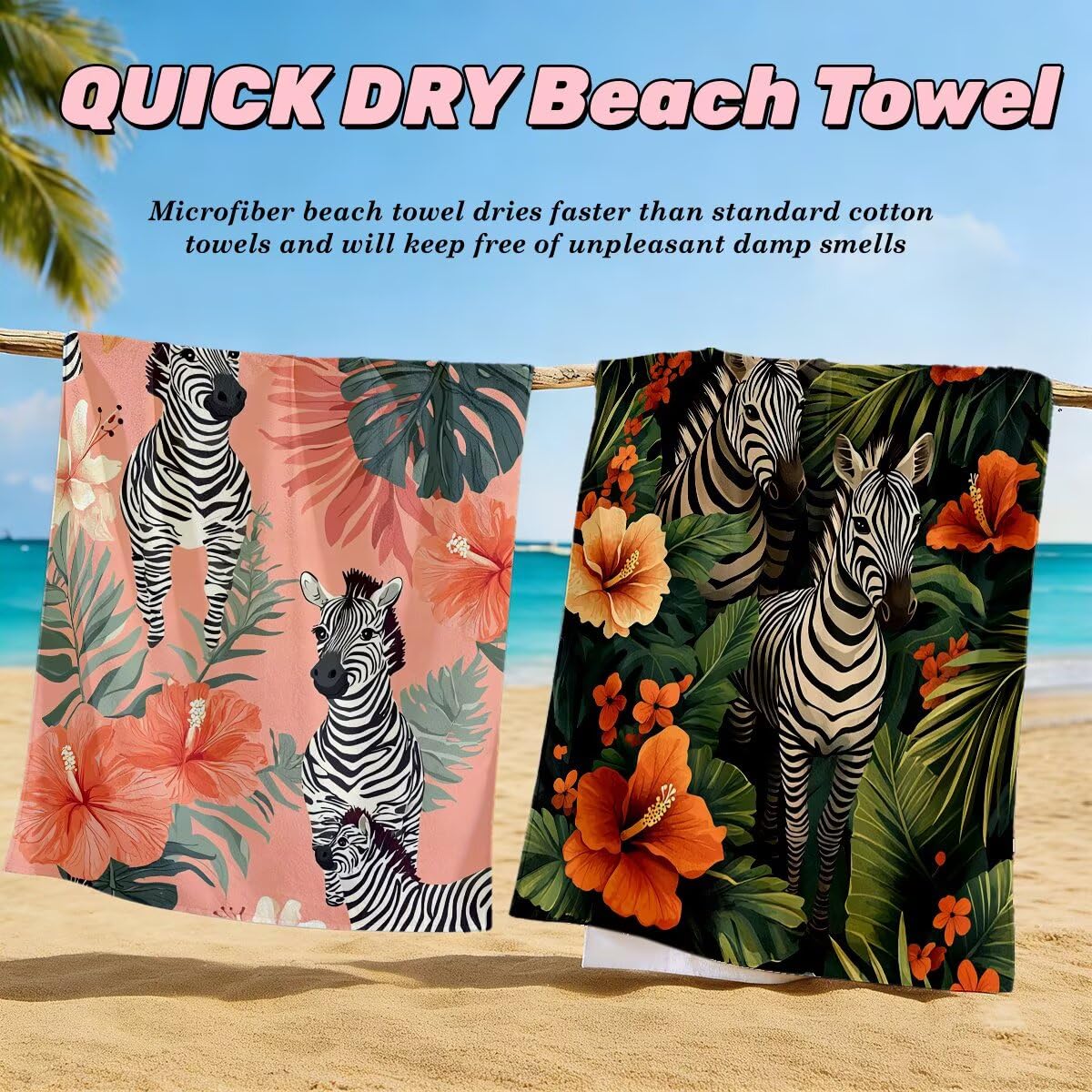 Toalla Playa 80x160 cm, Toalla Gimnasio Microfibra Secado Rapido, Juego de 2 Antiarena Toallas de Playa, Ligera Compacta Toallas Microfibra Grande para Viaje, Regalo Hombre Regalo Mujer (Cebra) -4855