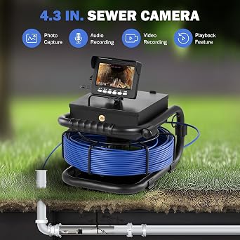 ZELCAN Sewer Inspection Camera for Drain Pipes, 4.3-Inch LCD Screen, 66 FT Cable with Length Markers, IP68 Waterproof, 5300mAh Battery, DVR Recorder, 32 GB Card, 12 LED Lights