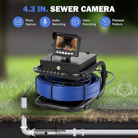 ZELCAN Sewer Inspection Camera for Drain Pipes, 4.3-Inch LCD Screen, 66 FT Cable with Length Markers, IP68 Waterproof, 5300mAh Battery, DVR Recorder, 32 GB Card, 12 LED Lights