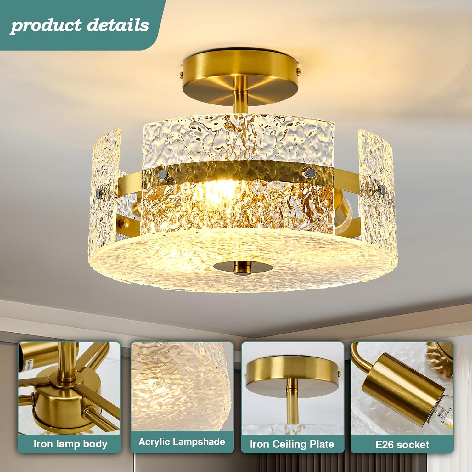 ZGLAOJT Semi Flush Mount Ceiling Light Modern Gold Celing Light Fixture 3-Light 12 Inch Acrylic Farmhouse for Kitchen Bedroom Hallway Dining Room.