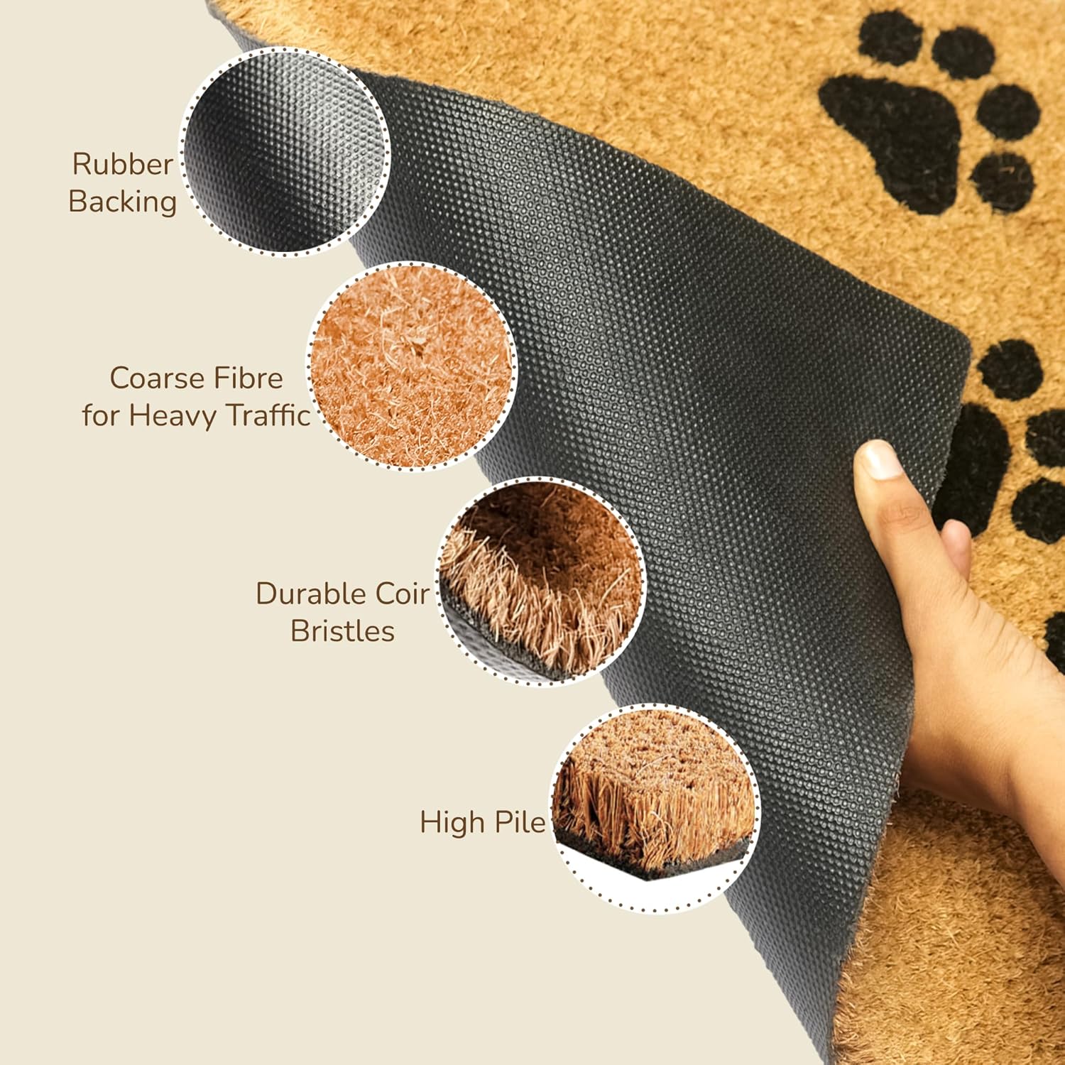 Coir Doormat, Front Doormat with Non-Slip PVC Backing, Printed Indoor Outdoor Welcome Mats for Home & Office, Door Mat, Entrance Mats with Paws Print, 30”x17”, Beige & Black